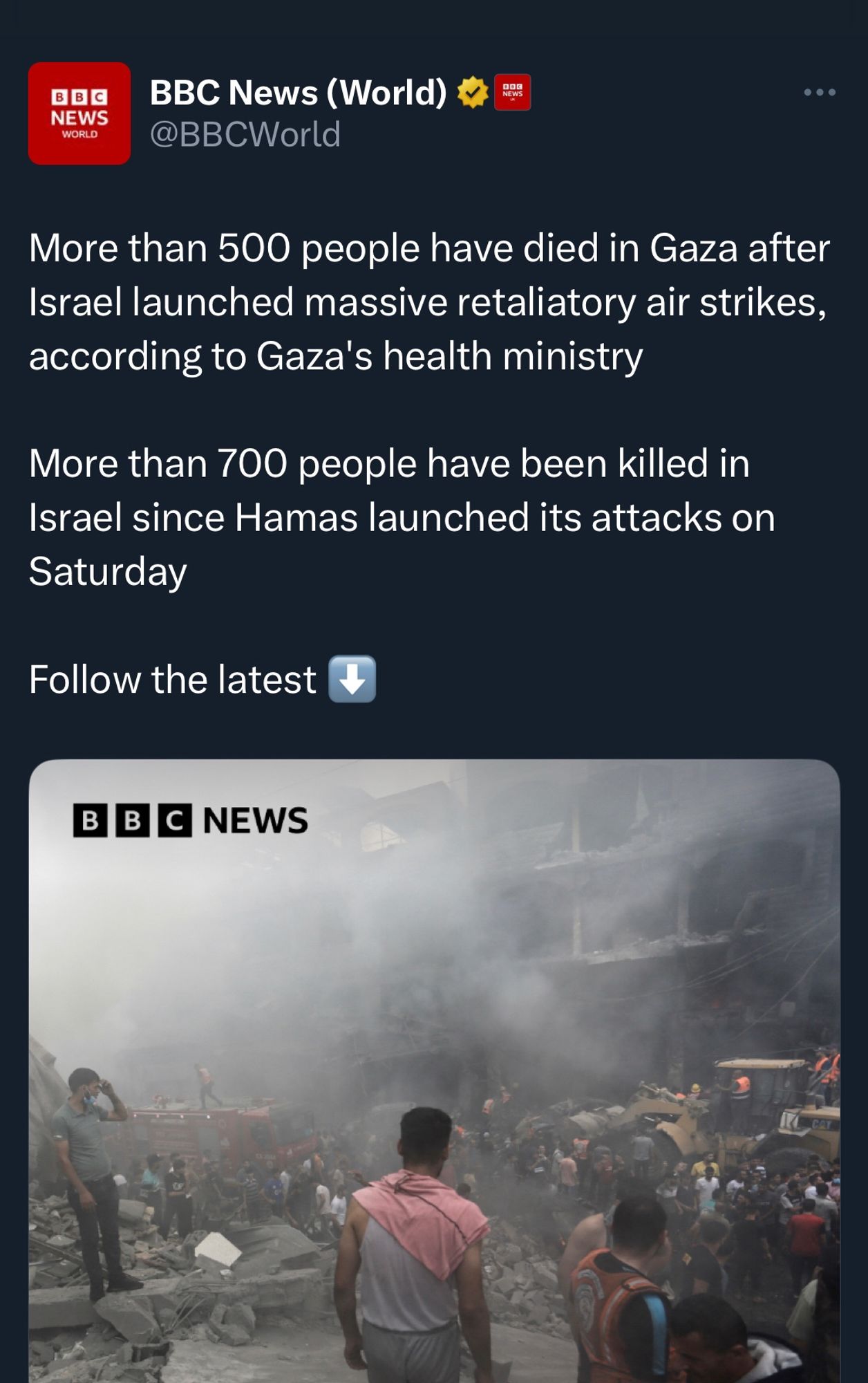 A BBC news tweet that reads:  

More than 500 people have died in Gaza after Israel launched massive retaliatory air strikes, according to Gaza’s health ministry. 

More than 700 people have been killed in Israel since Hamas launched its attacks on Saturday 