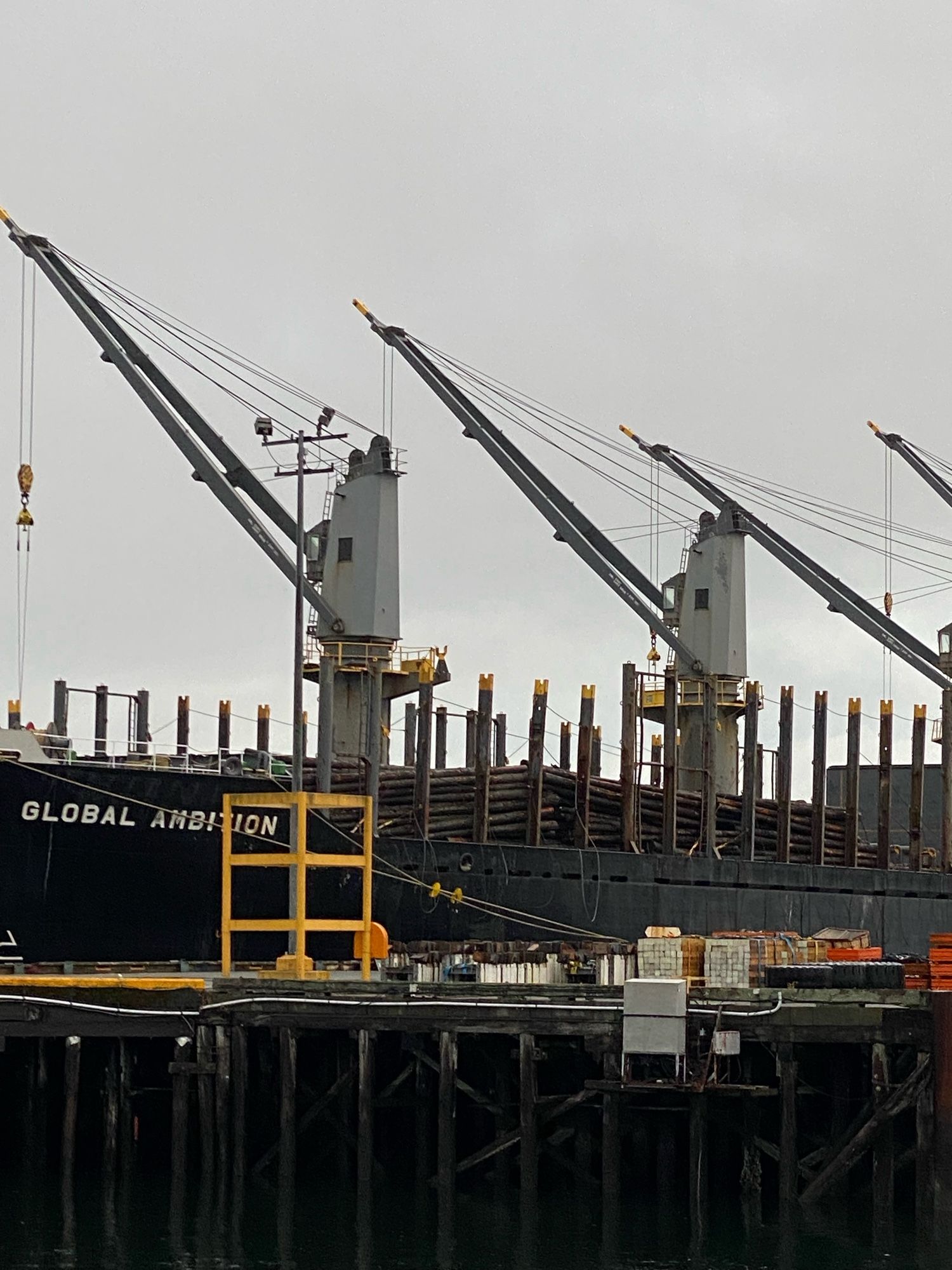 A ship loading raw logs for export at the harbour front in Nanaimo. The name on the front of the ship is GLOBAL AMBITION