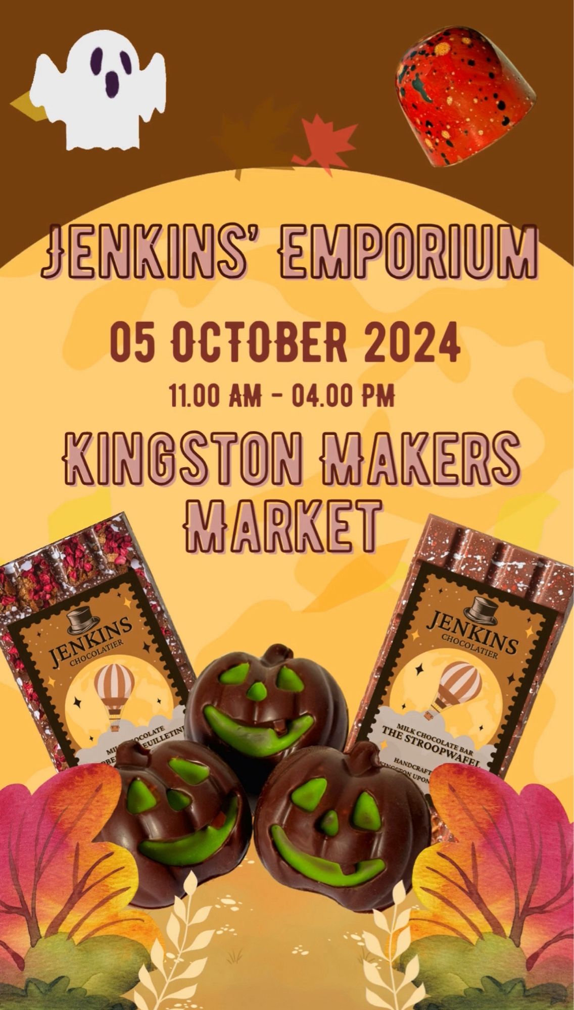 A autumn themed image saying Jenkins' Emporium will be at the Kingston Markers Market on October 05 between 11am and 4pm.