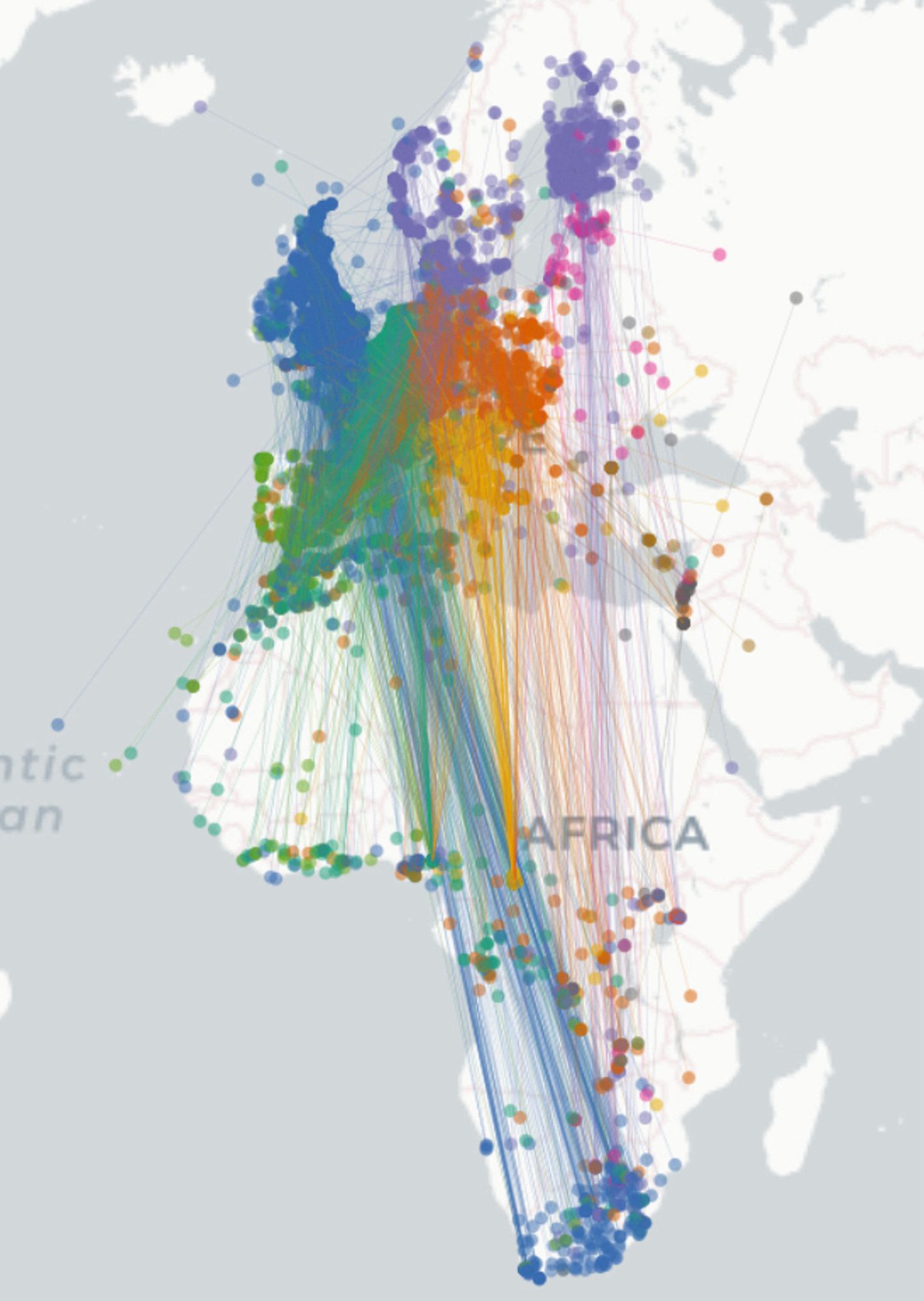 Screenshot of a map showing Europe and Africa, with many tiny lines marking the journeys of swallows.