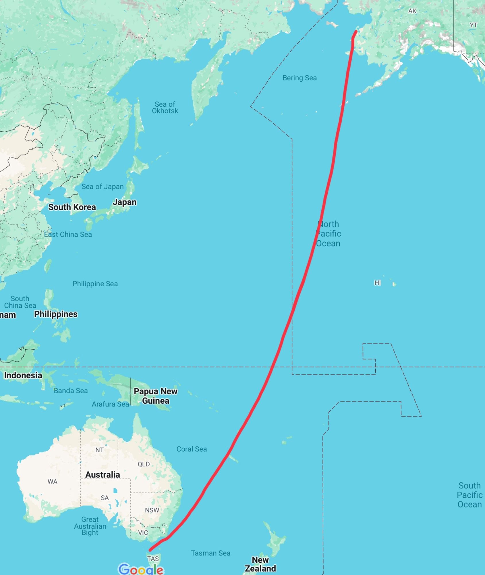 A map, with a red line linking Alaska and Tasmania.