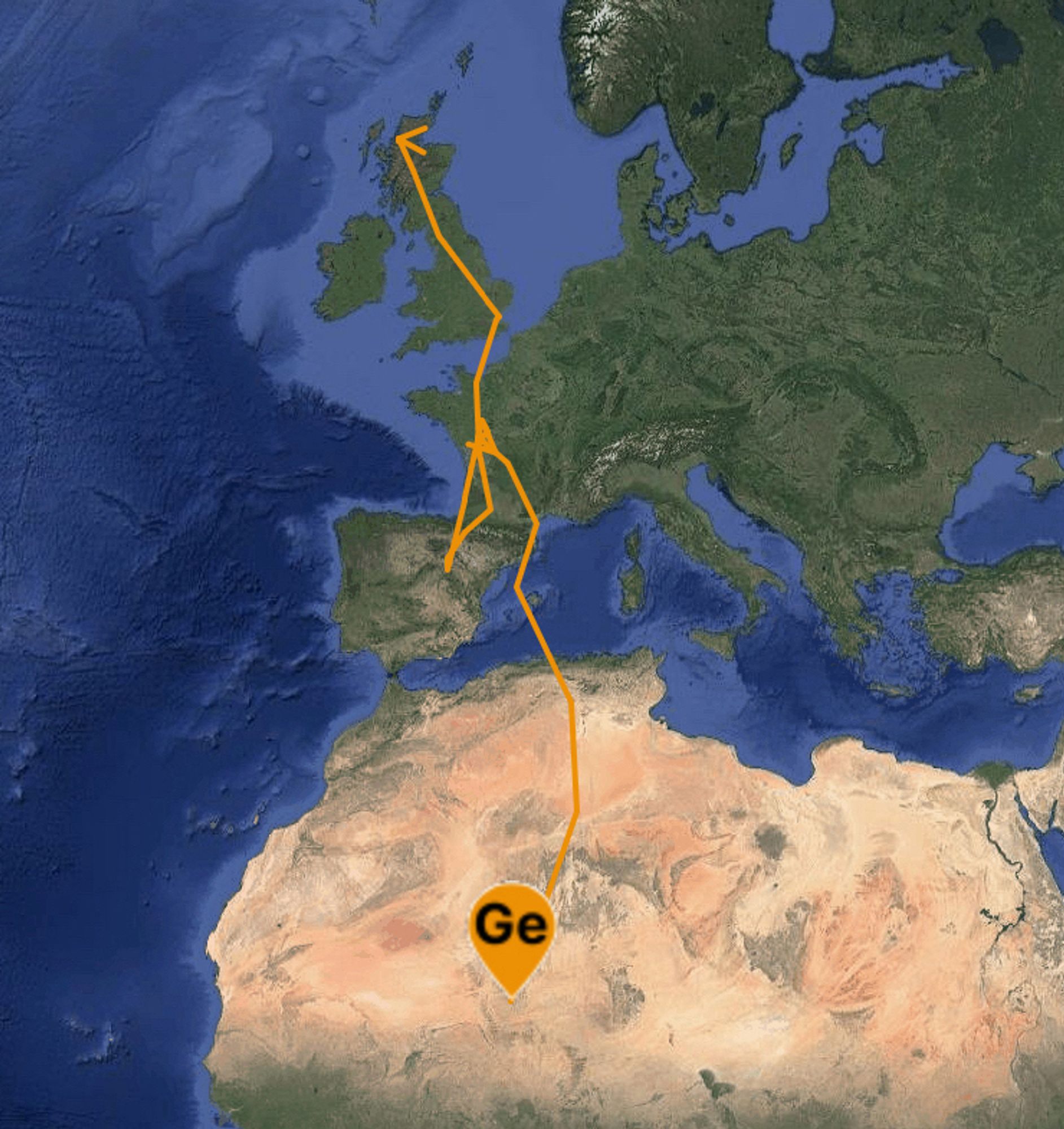 A map, showing Europe and North Africa. An orange line describes George’s journey from Scotland to Mali via east Anglia, France, Spain, France again (no, George! No! Go south!), over the Mediterranean, through Algeria and over the Sahara.