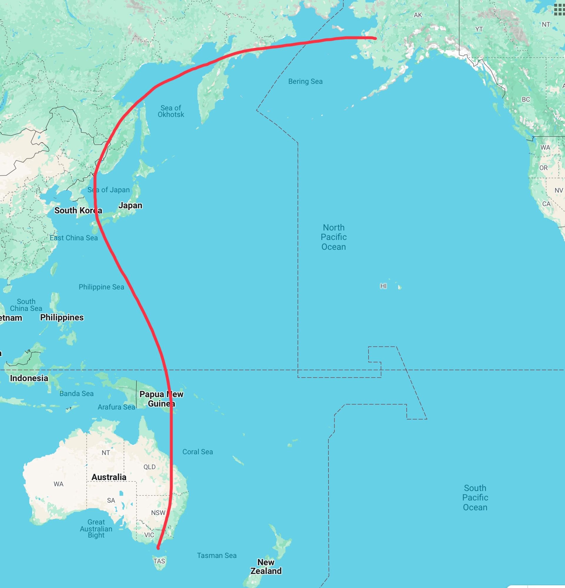 Another map, a red line linking Tasmania with Alaska by way of China and Japan etc.