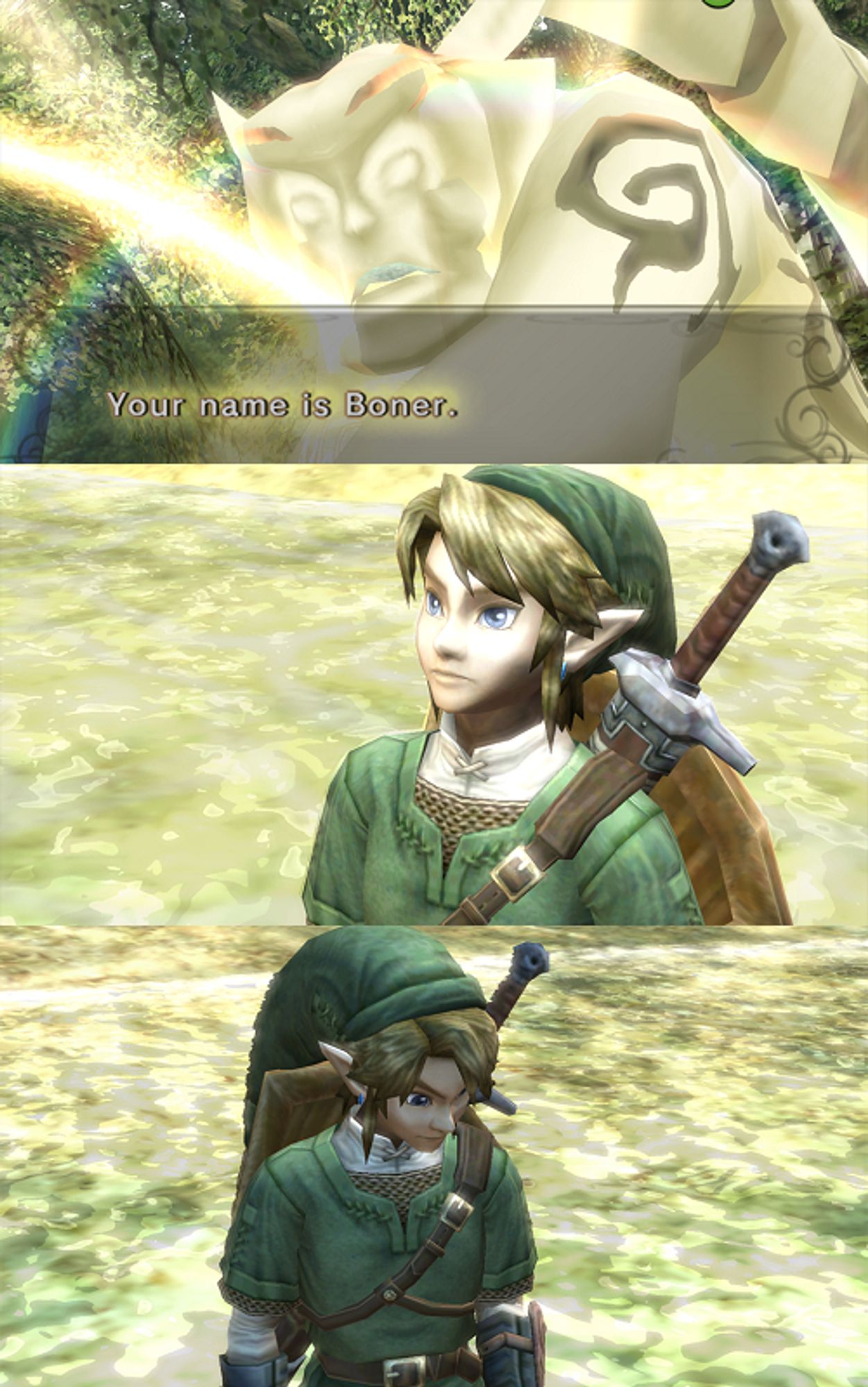 Meme from Zelda: Twilight Princess. The light spirit says "Your name is Boner." to Link, who looks off to the side dejectedly