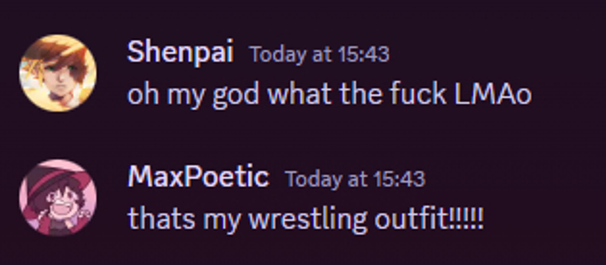 Screenshot of discord messages.

"Shenpai: Oh my god, what the fuck, LMAO"
"MaxPoetic: That's my wrestling outfit!"