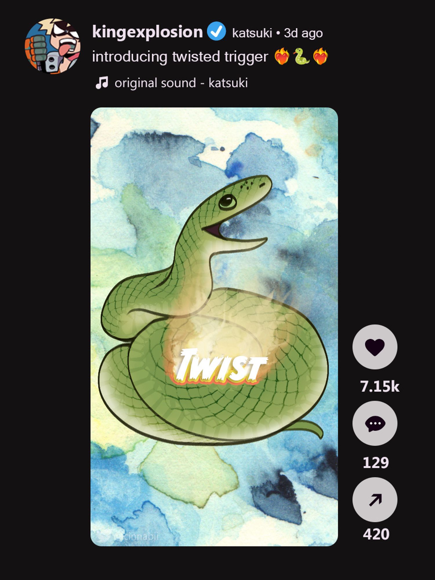 fake tiktok screenshot of a green snake smiling with a text overlay of "Twist" in flames