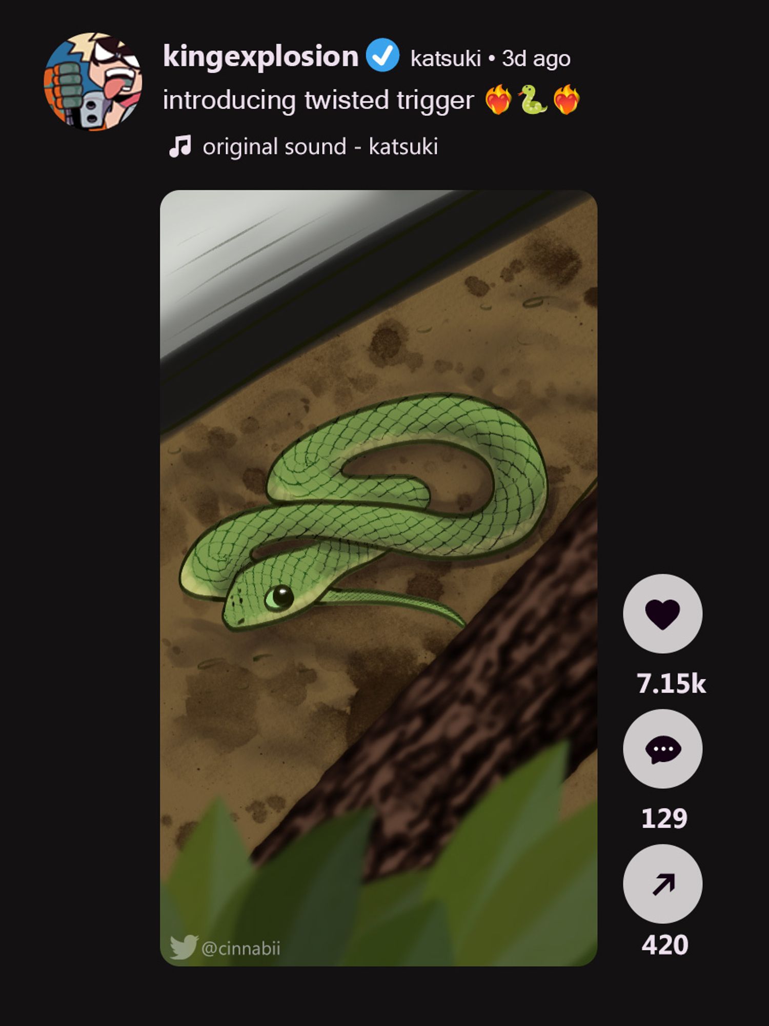 fake tiktok screenshot of a green snake in its enclosure with the caption "introducing twisted trigger"