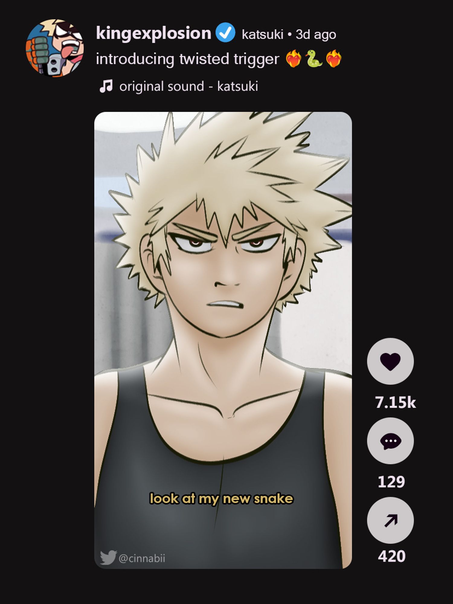 fake tiktok screenshot of Katsuki with the caption "introducing twisted trigger", with "look at my new snake" overlaid