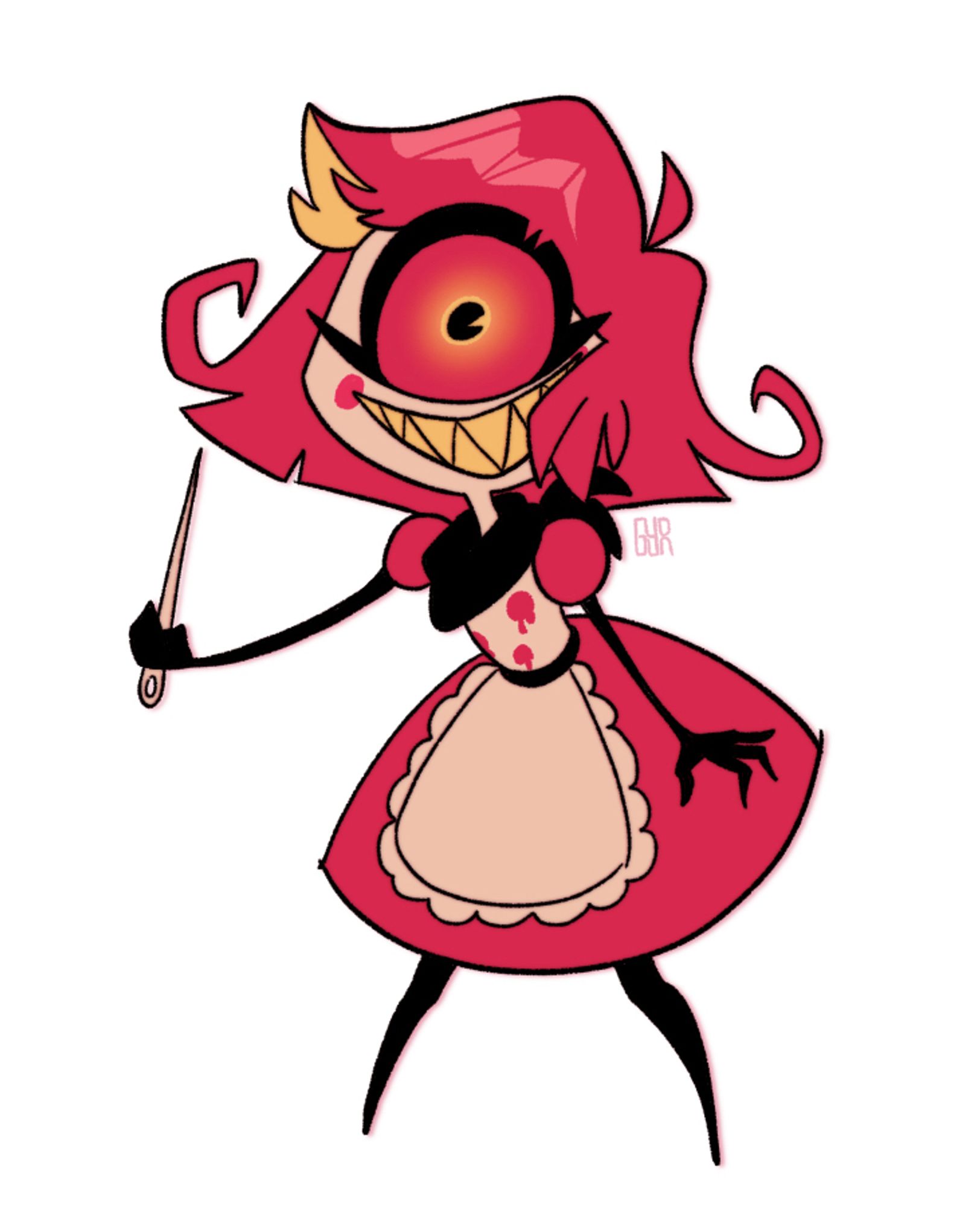 fan art of Niffty from Hazbin Hotel
She is smiling and has a big needle