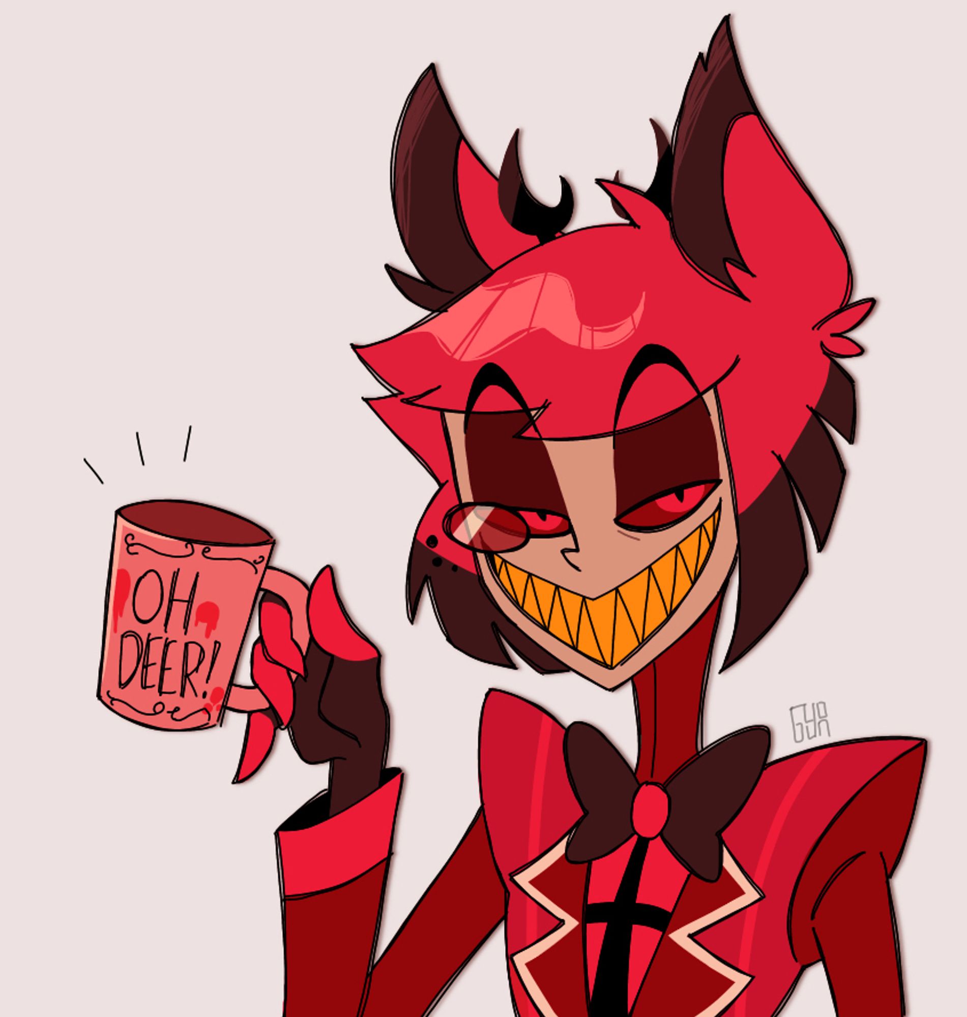 fan art of Alastor from Hazbin Hotel
He has a mug says ”OH DEER!”