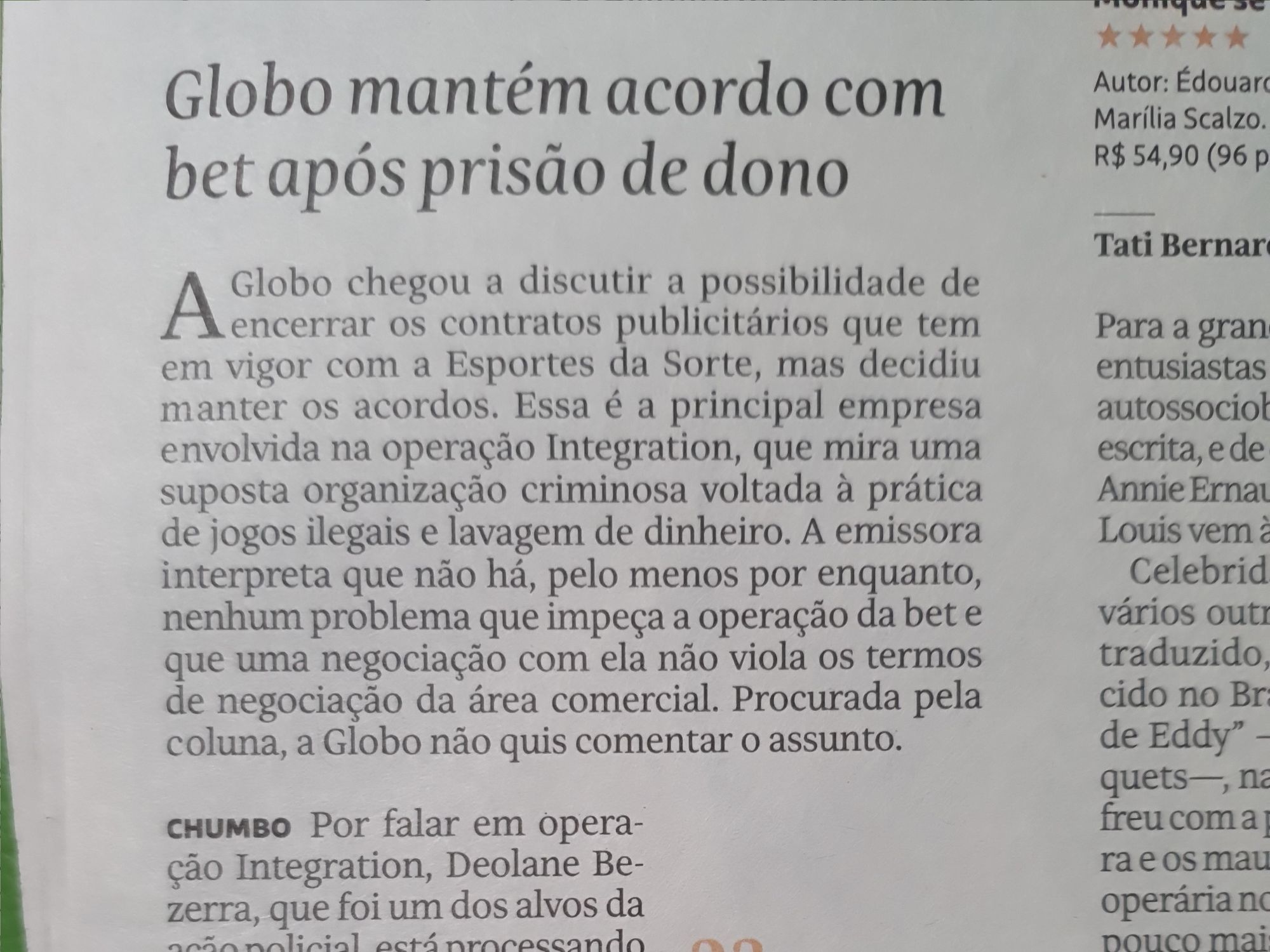 Foto de notícia da Folha de S.Paulo com o título "Globo mantém acordo com bet após prisão de dono"