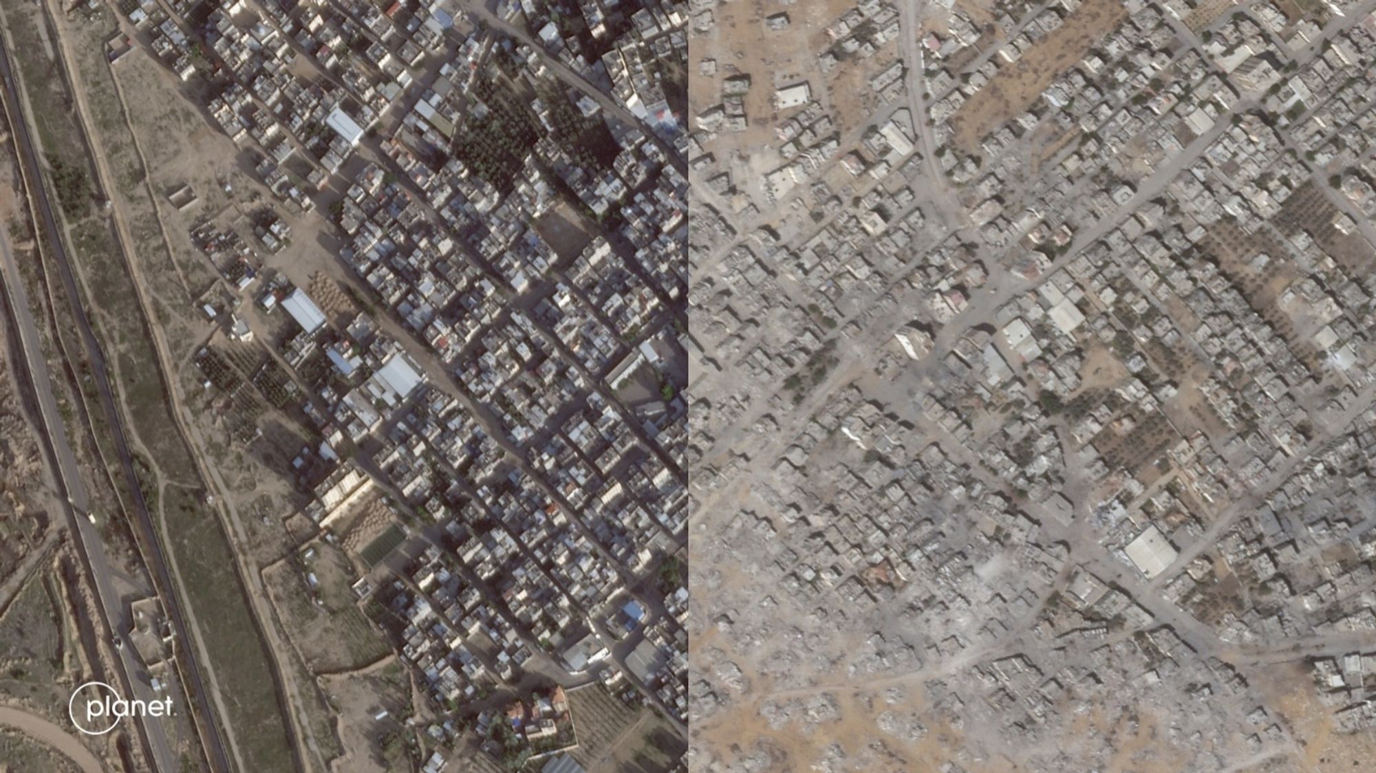 Imagens de satélite mostram o bairro Brasil em Rafah, na Faixa de Gaza. À esquerda, o bairro em 23 de novembro de 2023, antes da guerra, com suas construções. À direita, o mesmo local em 22 de agosto de 2024, totalmente destruído