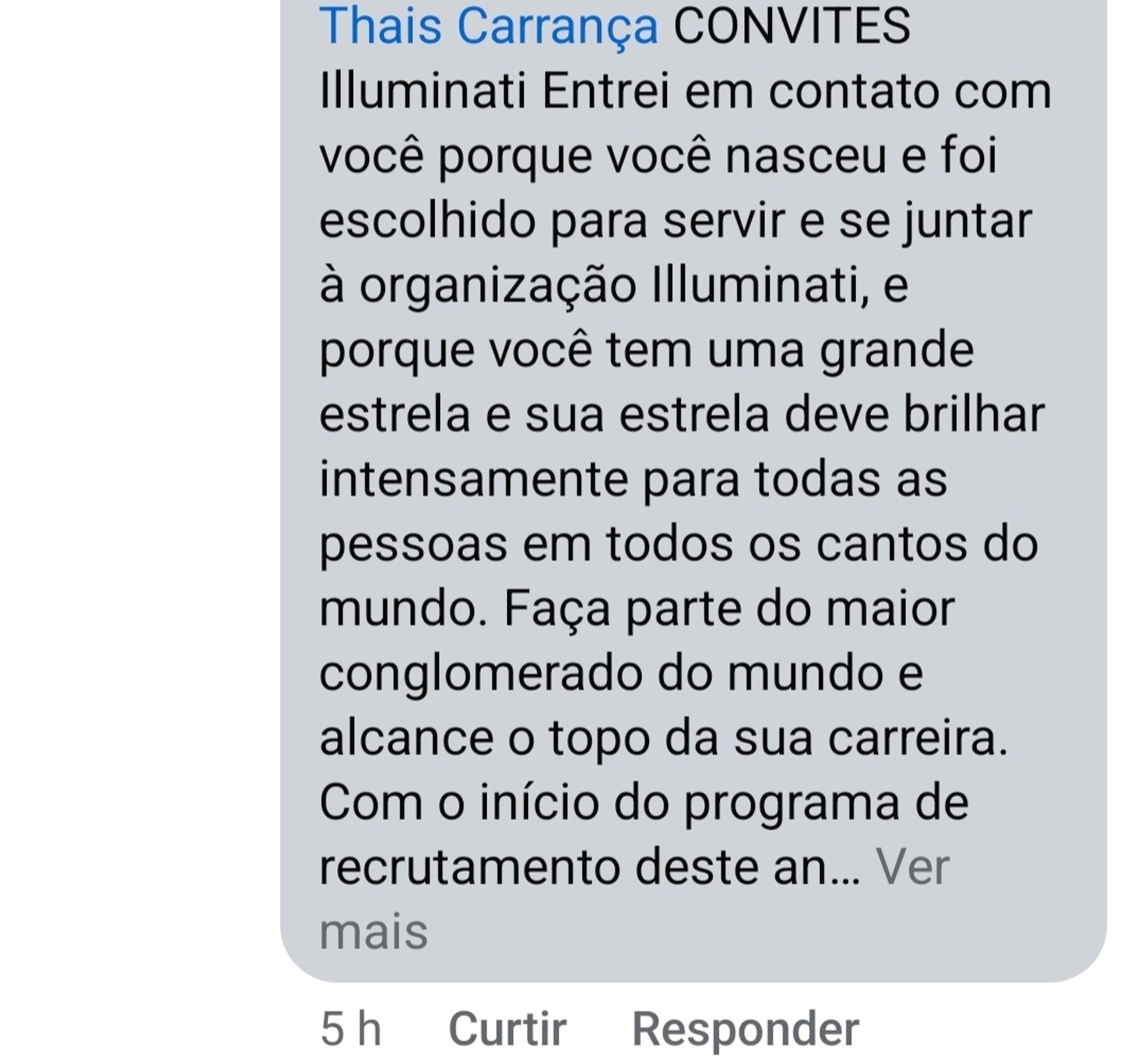 Comentário no Facebook com meu nome marcado e convite para me juntar à ordem Iluminatti