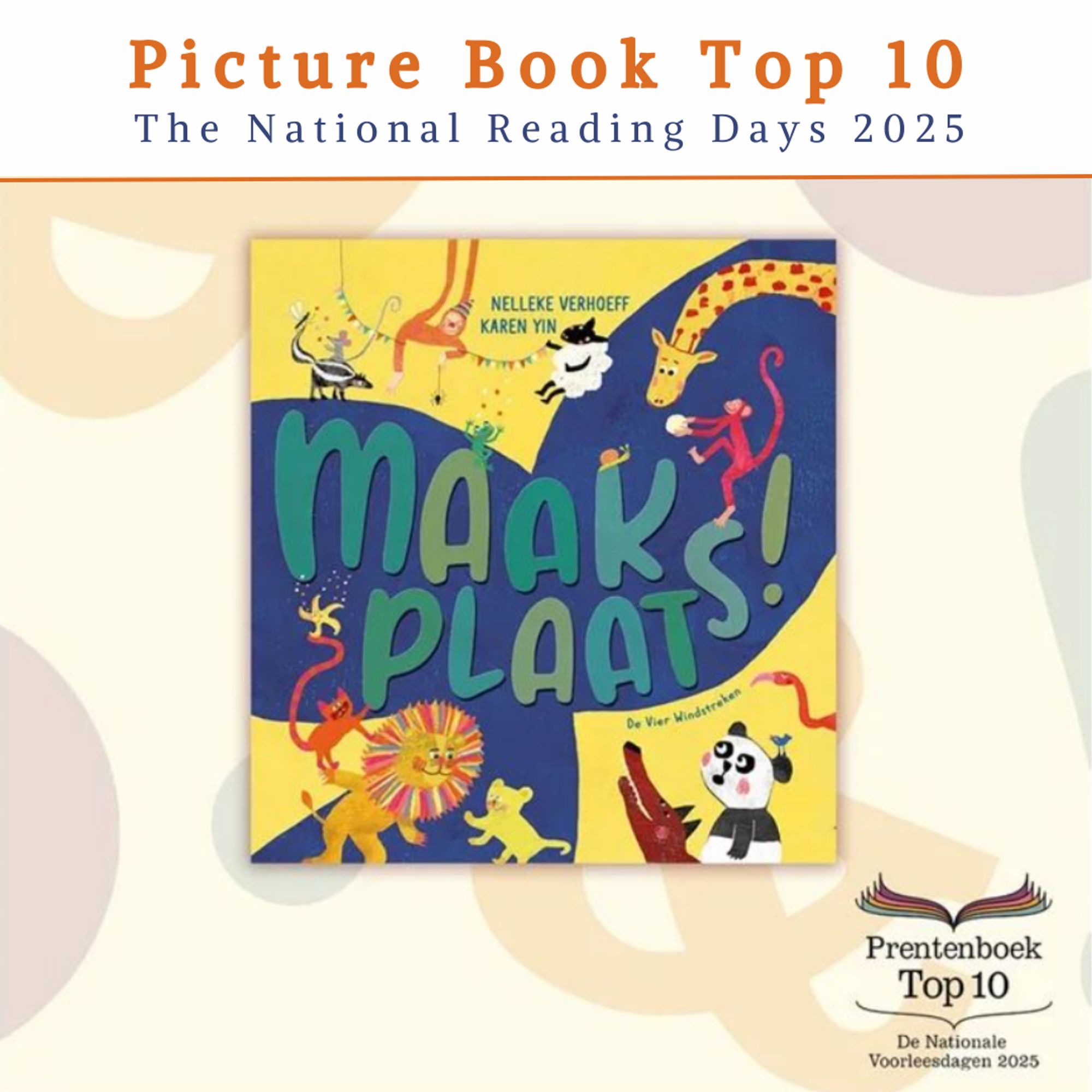 Graphic featuring the cover of Maak Plaats!, which has a vibrant yellow background with a huge blue whale tale surrounded by colorful whimsical animals, including a monkey, giraffe, panda, sheep, and lion.