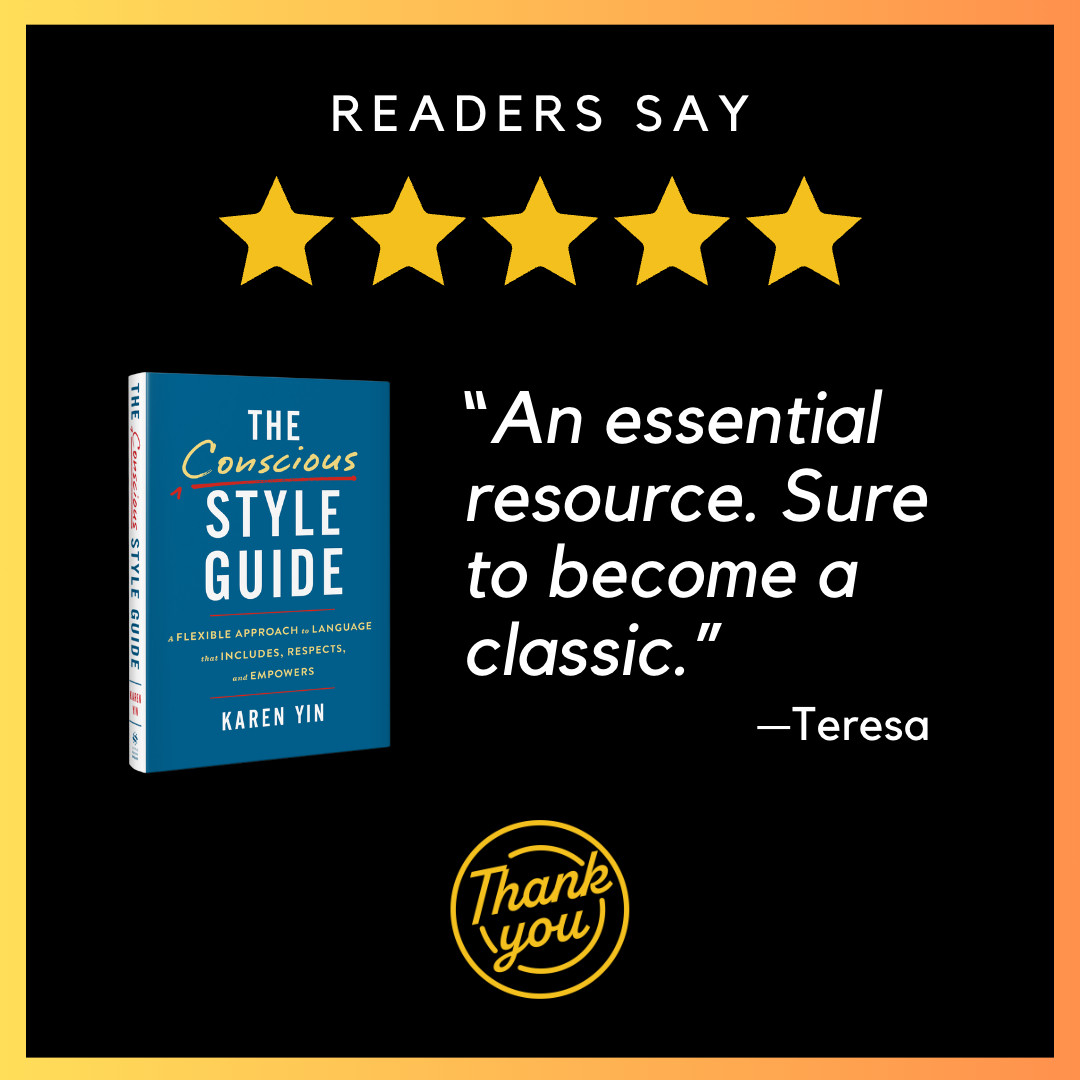 On a black square with a gradient border are the words "Readers say" above five yellow stars. Beneath is the navy-blue cover of The Conscious Style Guide accompanied by a quote from a reader: "An essential resource. Sure to become a classic."—Teresa