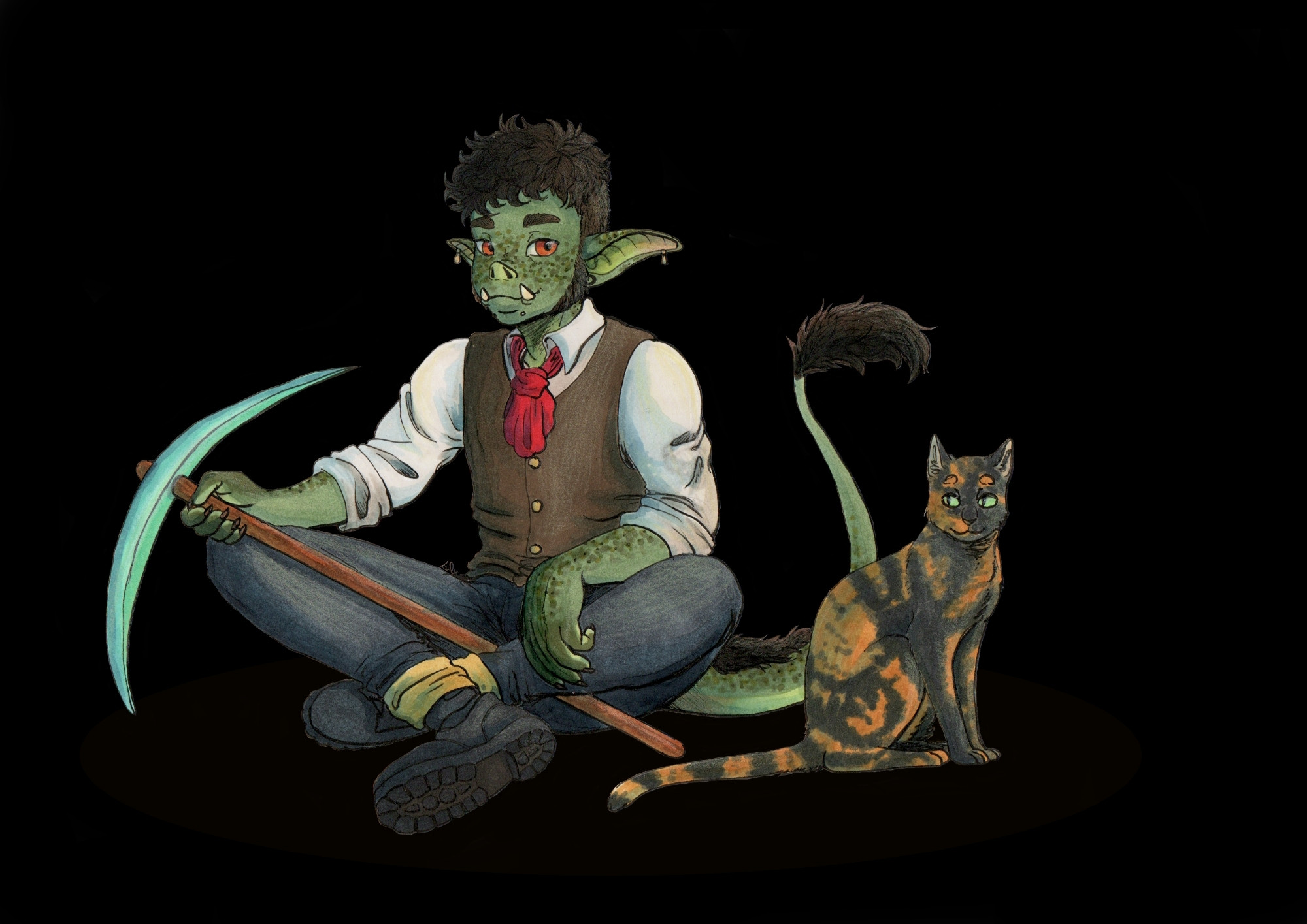 A green goblin boy with fluffy hair and a lion-like tail, sitting down cross legged, holding a Minecraft realistic diamond pickaxe. He's smiling softly and is with a tortie cat sited beside him, looking at him.