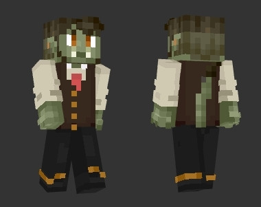 A Minecraft skin of the goblin drawn. He's wearing a Victorian/steampunk outfit.