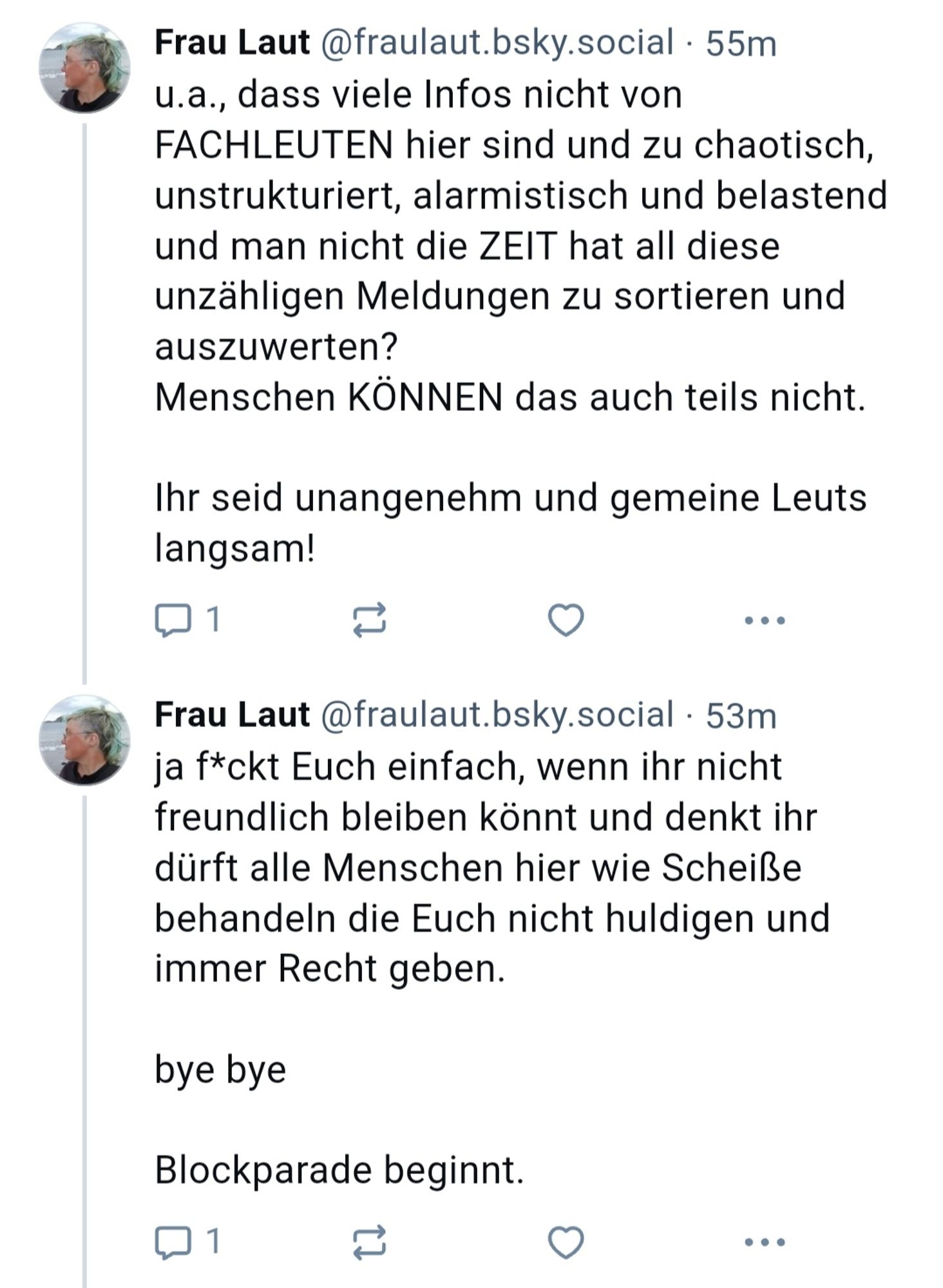 Angeblich keine Fachleute in noCOVID Bubble, zu chaotisch, unstrukturiert, alarmistisch und belastend. Beleidigende Beschimpfung. Blockankündigung