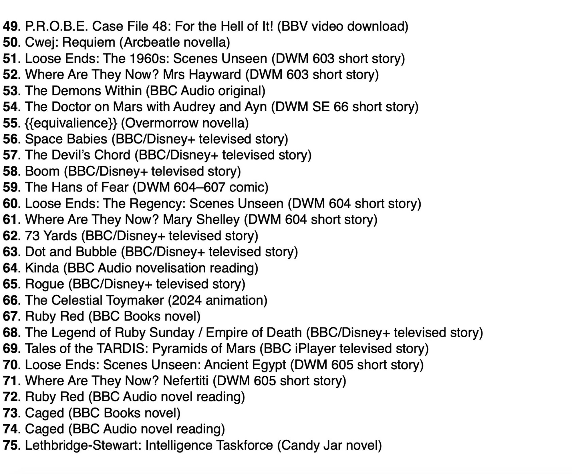 49. P.R.O.B.E. Case File 48: For the Hell of It!
50. Cwej: Requiem 
51. Loose Ends: The 1960s: Scenes Unseen 
52. Where Are They Now? Mrs Hayward
53. The Demons Within
54. The Doctor on Mars with Audrey and Ayn
55. {{equivalience}}
56. Space Babies (televised) 
57. The Devil’s Chord (televised) 
58. Boom (televised)
59. The Hans of Fear 
60. Loose Ends: The Regency: Scenes Unseen 
61. Where Are They Now? Mary Shelley
62. 73 Yards (televised) 
63. Dot and Bubble (televised)
64. Kinda (BBC Audio)
65. Rogue (televised) 
66. The Celestial Toymaker (2024 animation) 
67. Ruby Red (novel)
68. The Legend of Ruby Sunday / Empire of Death (televised)
69. Tales of the TARDIS: Pyramids of Mars (televised)
70. Loose Ends: Scenes Unseen: Ancient Egypt
71. Where Are They Now? Nefertiti
72. Ruby Red (BBC Audio)
73. Caged (BBC Books)
74. Caged (BBC Audio)
75. Lethbridge-Stewart: Intelligence Taskforce