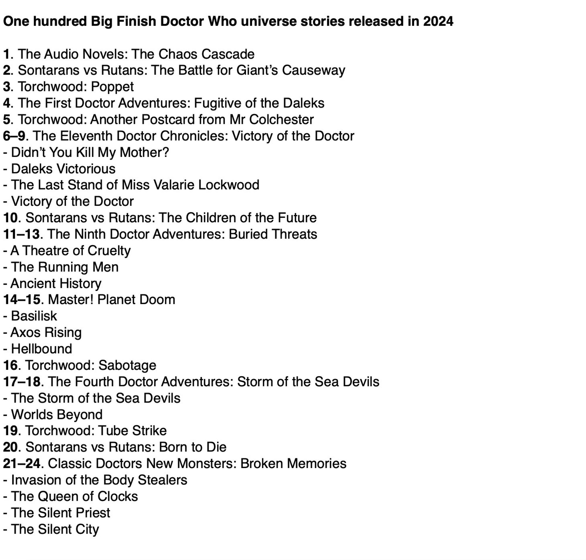 1. The Audio Novels: The Chaos Cascade 
2. Sontarans vs Rutans: The Battle for Giant’s Causeway 
3. Torchwood: Poppet 
4. The First Doctor Adventures: Fugitive of the Daleks 
5. Torchwood: Another Postcard from Mr Colchester
6–9. The Eleventh Doctor Chronicles: Victory of the Doctor
- Didn’t You Kill My Mother?
- Daleks Victorious
- The Last Stand of Miss Valarie Lockwood
- Victory of the Doctor
10. Sontarans vs Rutans: The Children of the Future
11–13. The Ninth Doctor Adventures: Buried Threats
- A Theatre of Cruelty
- The Running Men
- Ancient History
14–15. Master! Planet Doom
- Basilisk
- Axos Rising
- Hellbound
16. Torchwood: Sabotage
17–18. The Fourth Doctor Adventures: Storm of the Sea Devils
- The Storm of the Sea Devils
- Worlds Beyond
19. Torchwood: Tube Strike
20. Sontarans vs Rutans: Born to Die
21–24. Classic Doctors New Monsters: Broken Memories
- Invasion of the Body Stealers
- The Queen of Clocks
- TheSilent Priest
- The Silent City