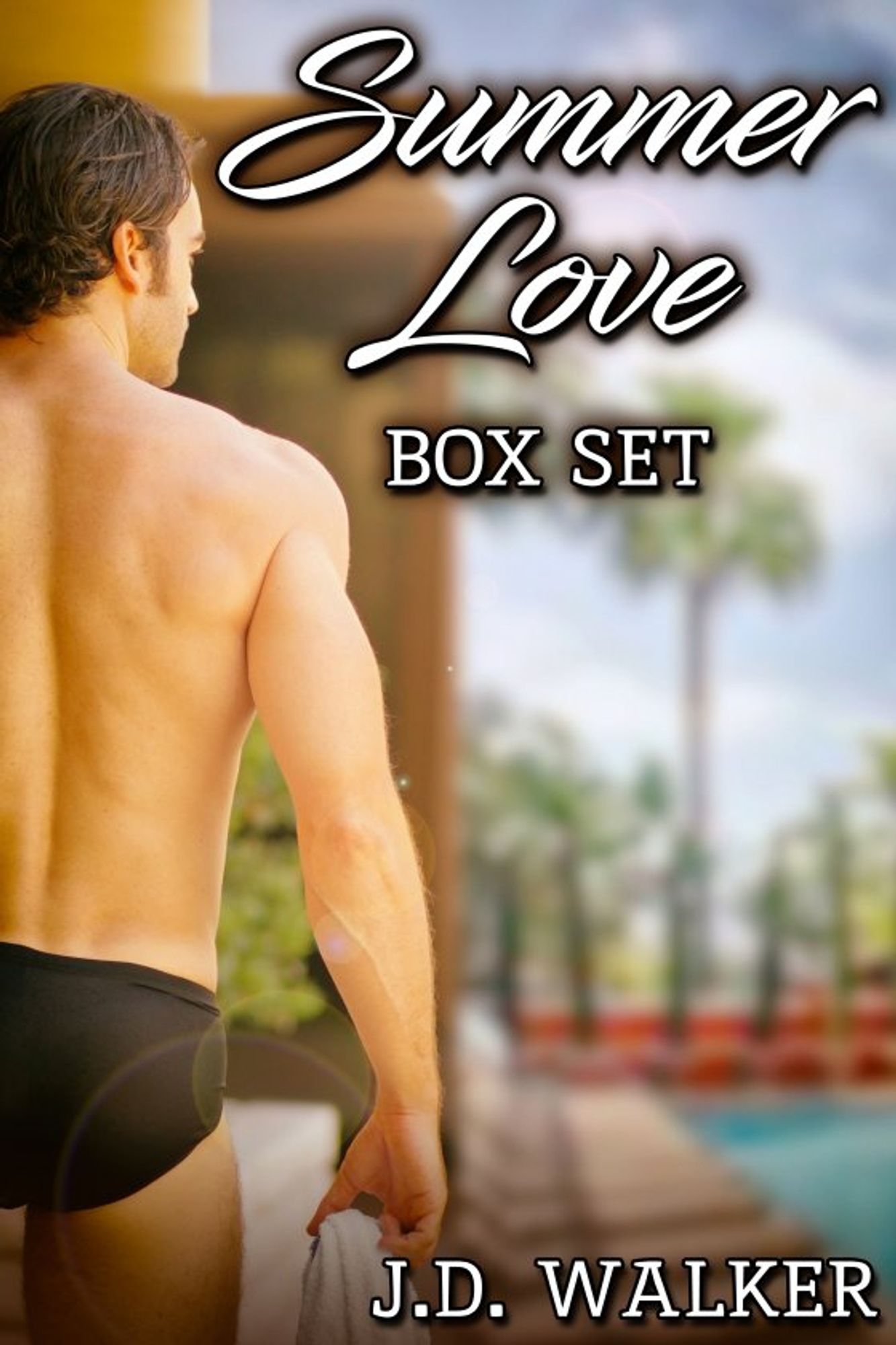 Summer Love Box Set by J.D. Walker
In the image is a man wearing black swimsuit briefs. He is muscular, his back facing the reader. Only the right half of his body is visible. He has dark brown wavy hair, short but curling at the back of his neck. He is cleanshaven. His skin is slightly golden from the sun. He is standing next to a pool.