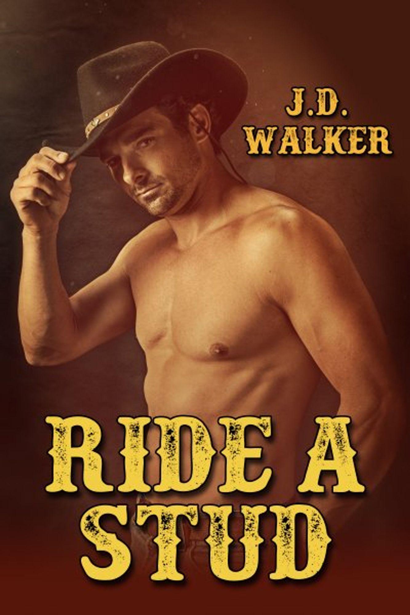 Ride a Stud by J.D. Walker
In the image is a shirtless man wearing a dark brown cowboy hat that has a gold band around it. His right hand is holding the brim, tipping the hat to the viewer. He is lightly muscled, with dark brown eyes and an unshaved face. His skin has hints of gold in very light brown tones.