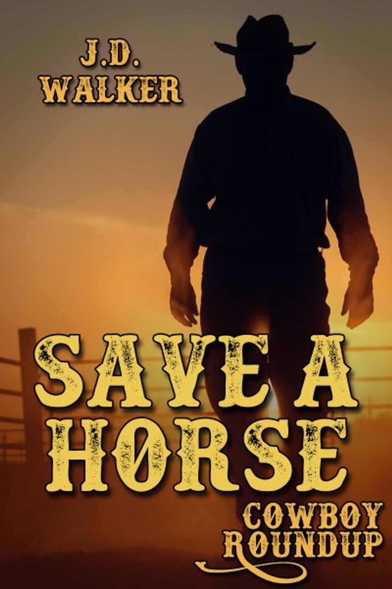 Save a Horse by J.D. Walker, part of the Cowboy Roundup series.
In the image is a silhouette of a cowboy at sunset: the outline of a man in a cowboy hat, long-sleeved shirt and pants, likely jeans.  He is standing near a fence, staring out across the fields of a ranch.