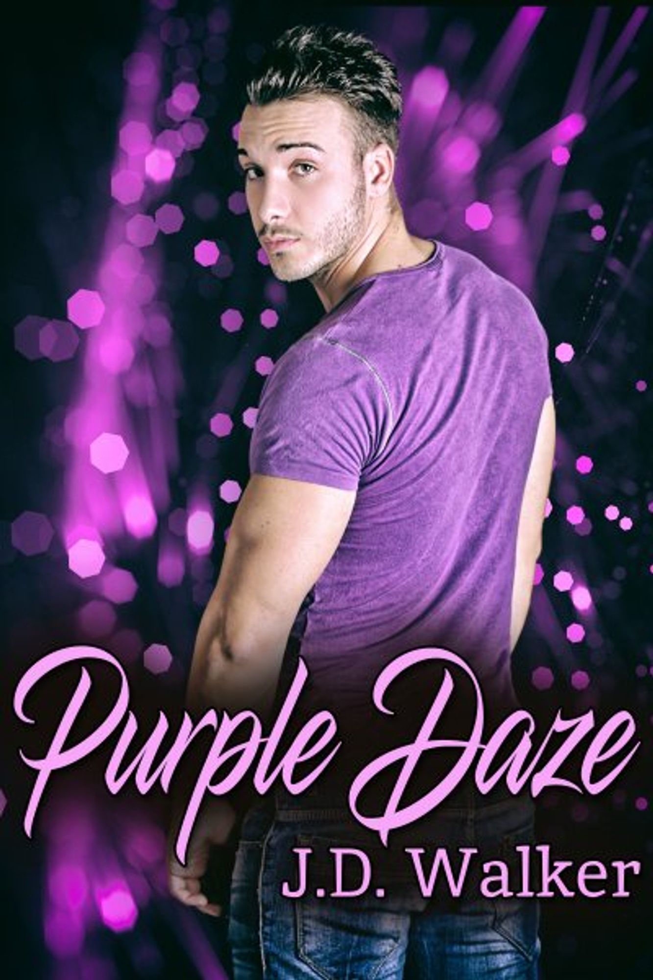 Purple Daze by J.D. Walker
In the image is a man wearing a purple short-sleeved T-shirt and blue jeans. His back is to the viewer, but he is looking over his left shoulder. He has short black hair and a barely there moustache and beard. He has brown eyes. His skin is a pale, beige color, and he has lightly muscled arms.