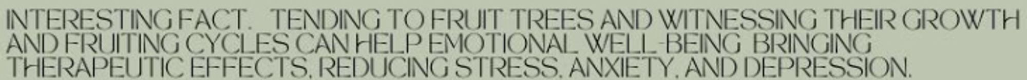 Difficult to read closely spaced text in all capitals on a poorly contrasting background reads: Interesting fact. Tending to fruit trees and witnessing their growth and fruiting cycles can help emotional wellbeing bringing therapeutic effects, reducing stress, anxiety, and depression.