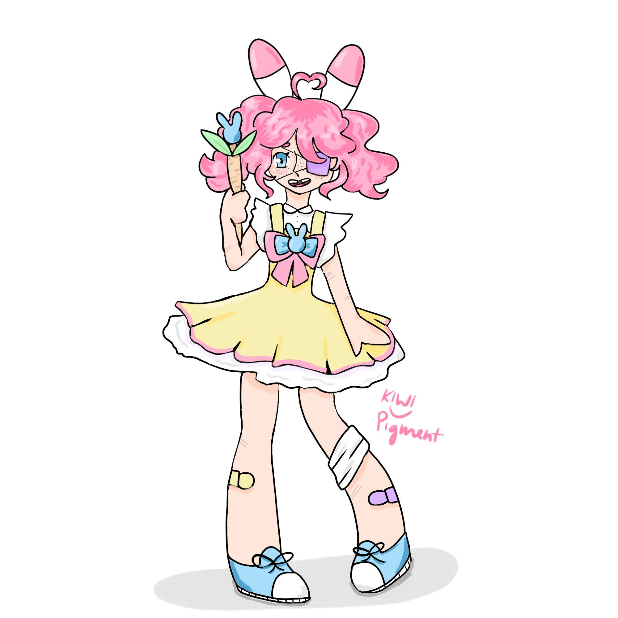 person with pink ponytails and bunny ears shaped like pills. wearing yellow dress with blue and pink bow on front. holding carrot shaped magical wand.