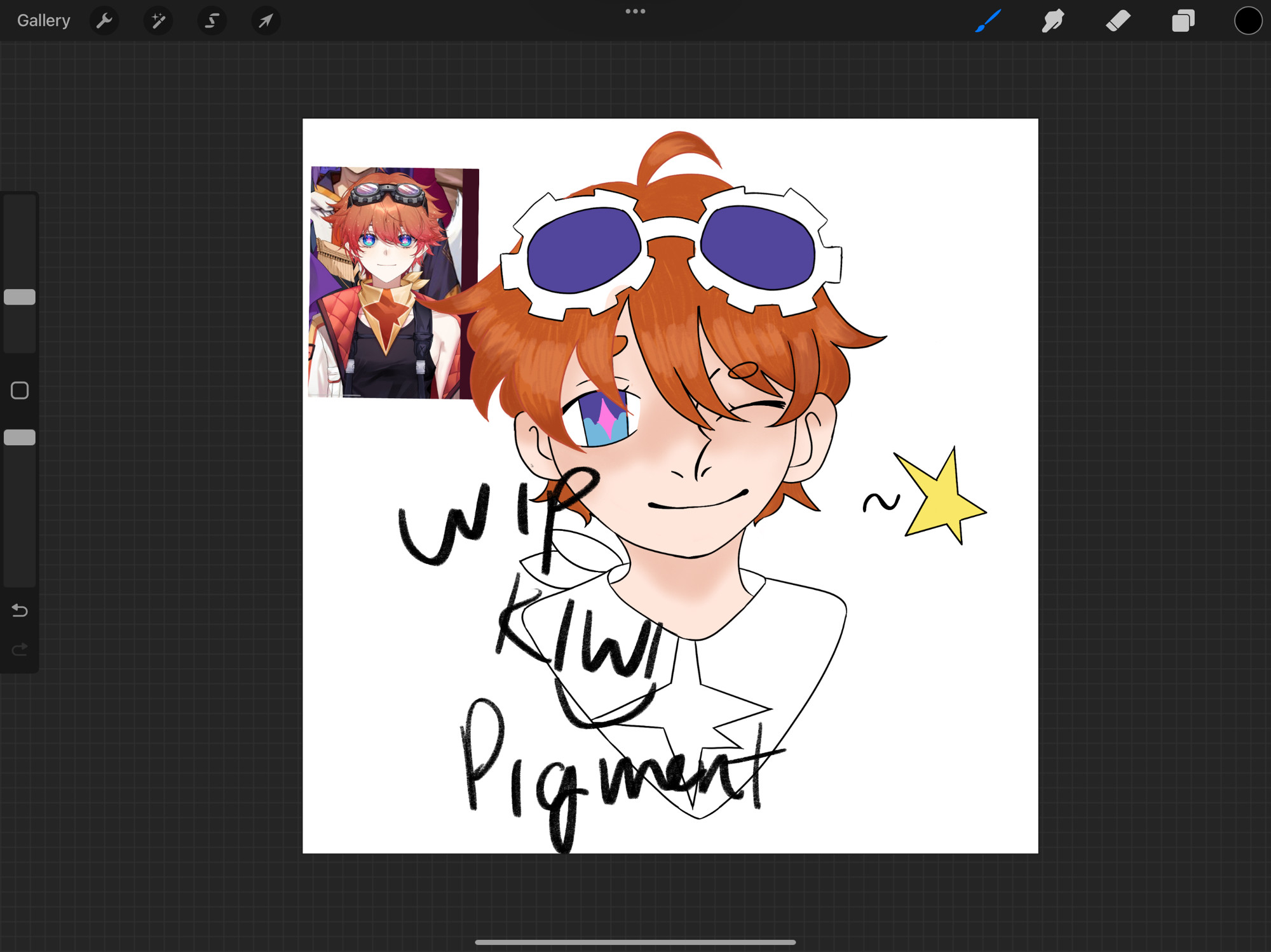 Drawing of guy with orange hair and goggles on head. Has blue eyes with pink star shaped pupil
Writing on drawing says “wip kiwi pigment”