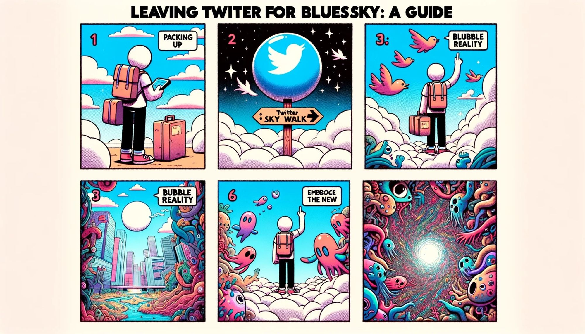 a fairly incomprehensible instructive comic strip titled "Leaving Twiter For Bluessky: A Guide".