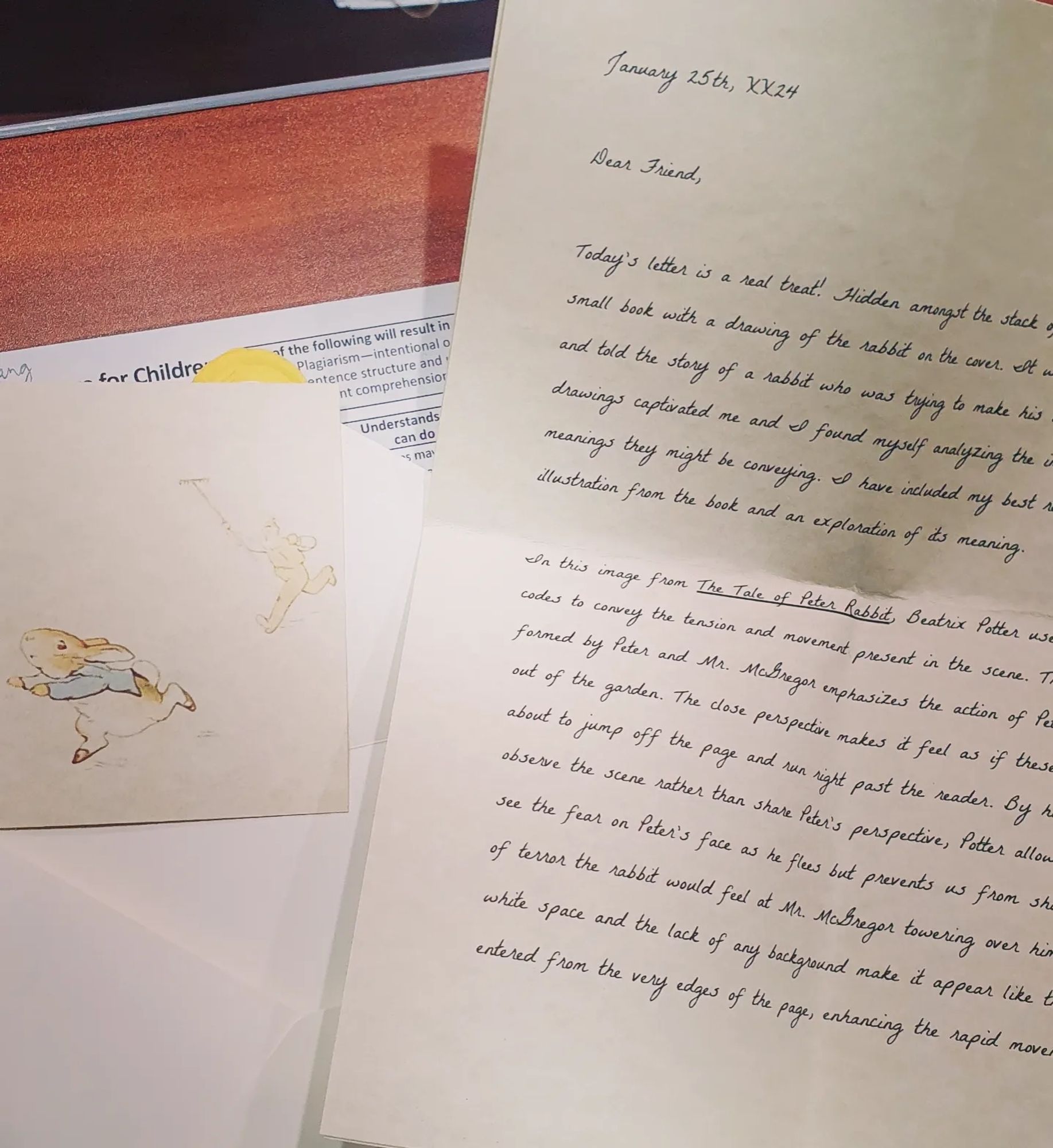 A student's creative assignment: hand written letter with a picture from Beatrix Potter's Tale of Peter Rabbit.