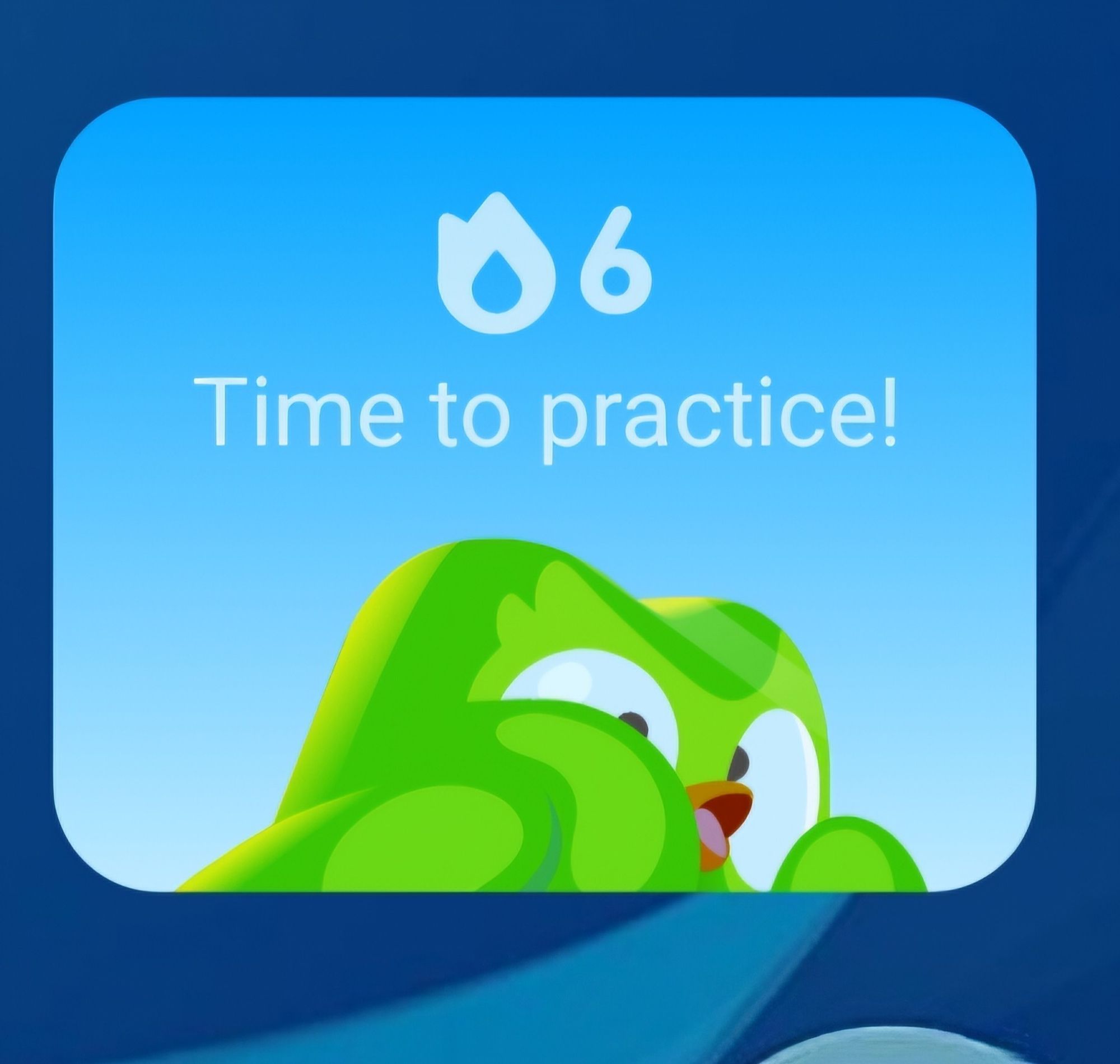 Duolingo widget in which a green cartoon owl on a blue background gives intense side eye.