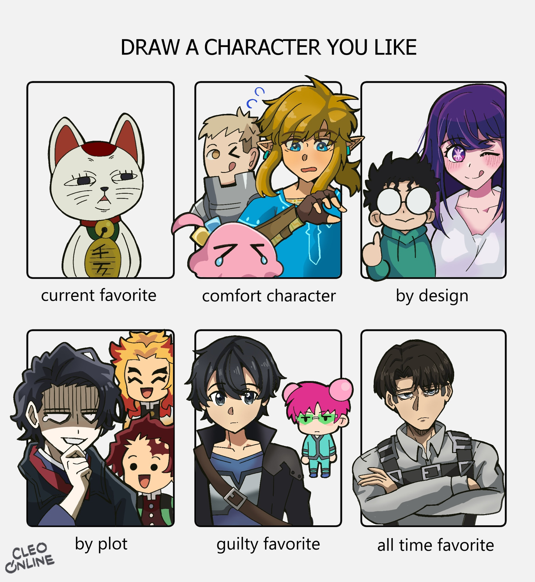 Drawings of Characters.
 Dandadan characters: Turbo Granny & Okarun. 
Laios from Dungeon Meshi.
Ai Hoshino from Oshi no Ko.
Sensei from No Longer Allowed in Another World.
Rengoku & Tanjiro from Demon Slayer.
Kirito from Sword Art Online
Saiki from Saiki K.
Levi from Attack on Titan