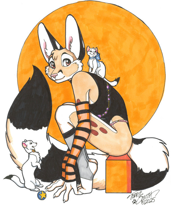 Chester the Ringtail (HAVOC INC.) pauses while playing with the ship's mascots: the Sock Weasels, to look out at the viewer.