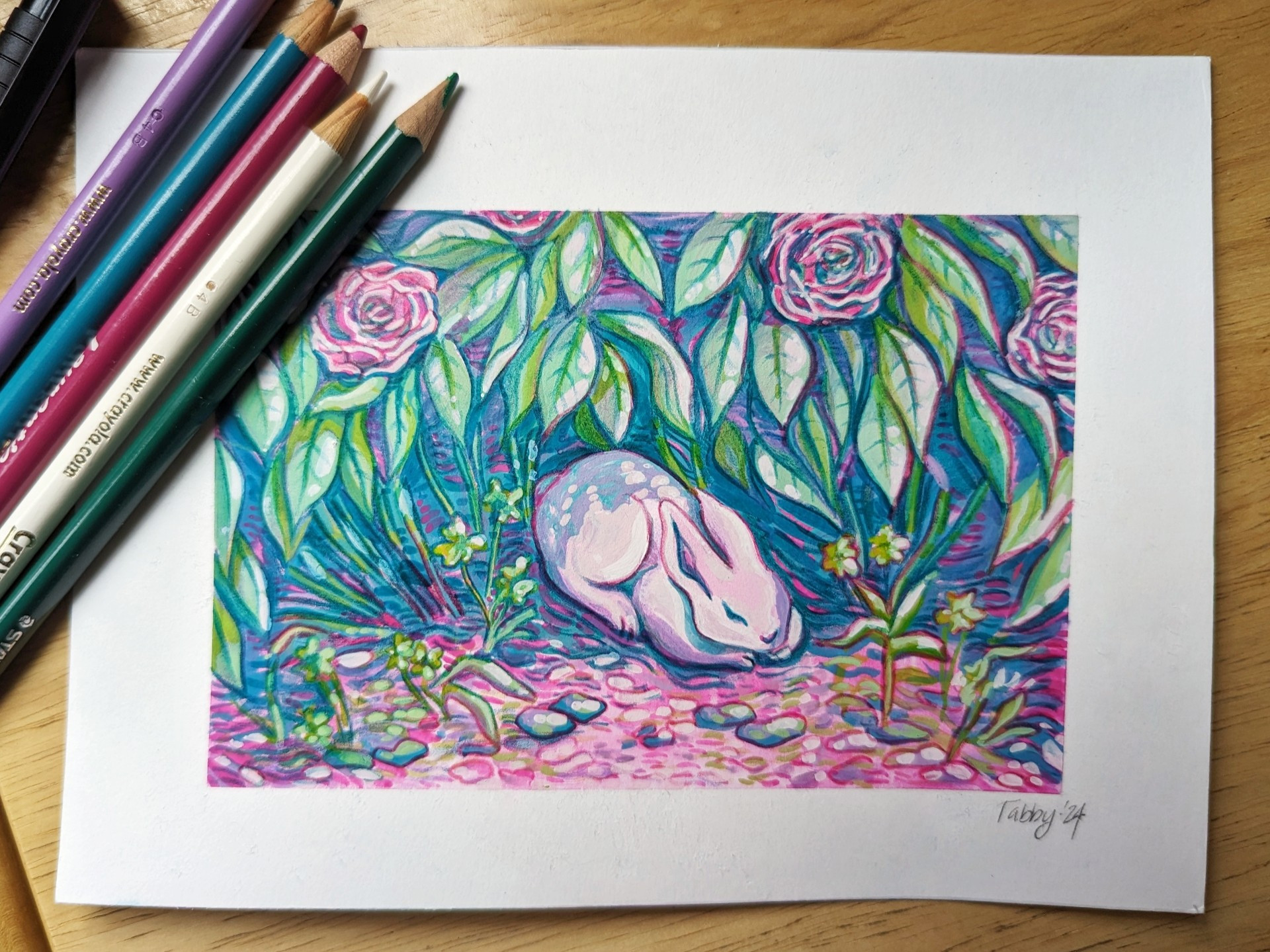 A gouache and coloured pencil artwork of a bunny sleeping under a peony bush.