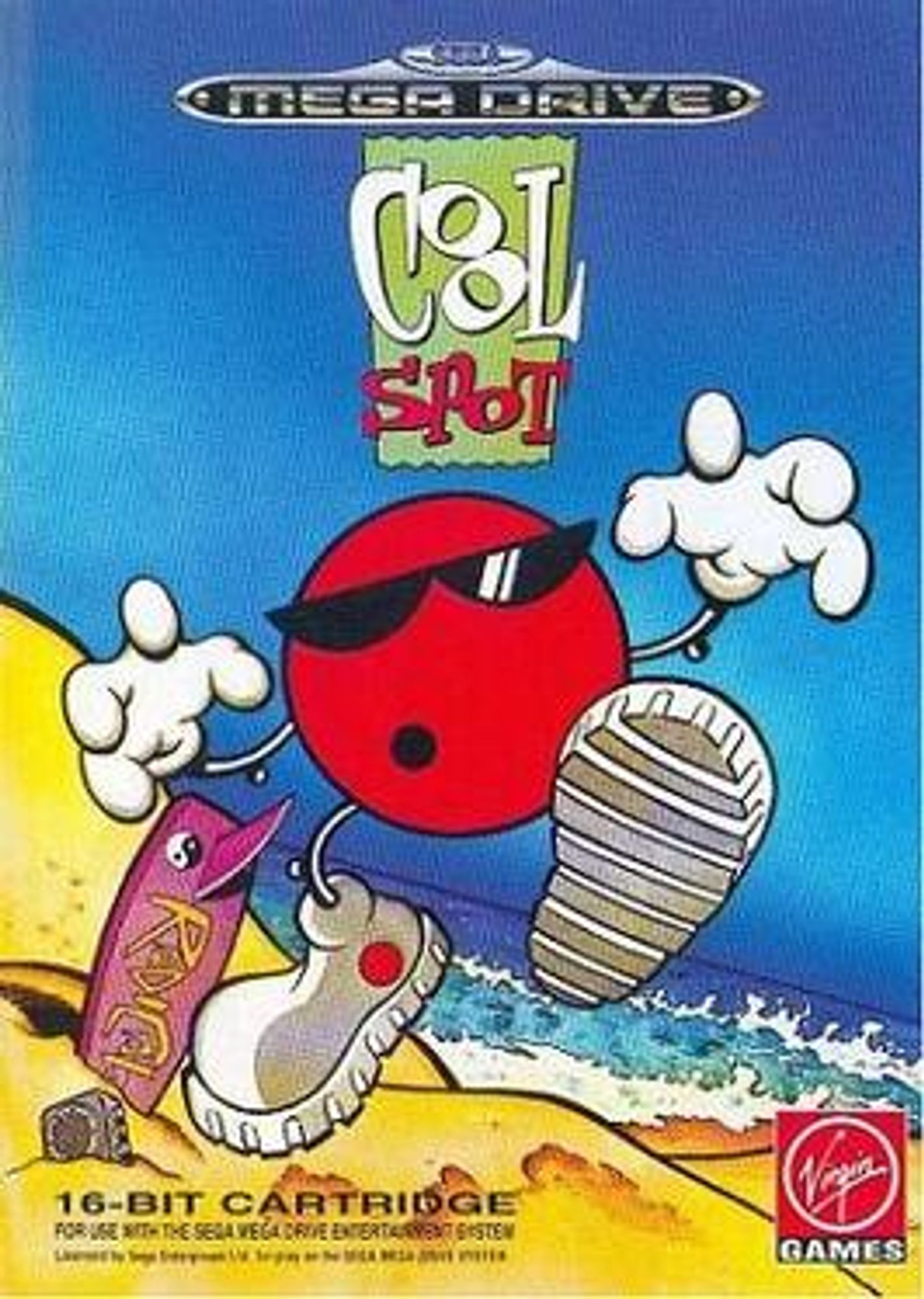 cover art for the 'cool spot' video game on sega mega drive

the eponymous 'cool spot' is a red circle with sunglasses and a small circular mouth. it (he?) has spaghetti-thin limbs, at the end of which we find big white runners with another red spot on them (a picture of its own face?) and a pair of white gloves with four fingers each.

the spot is on a sand dune, waves breaking in the background, and is lurching at the viewer menacingly. a purple surf board is stuck in the sand behind it, bearing a yin-yang symbol (more spots?) and emblasoned with the word 'RADICAL'. in front of that, obscured partially by the sand, is a grey/black box, possibly a representation of the sega mega drive itself.