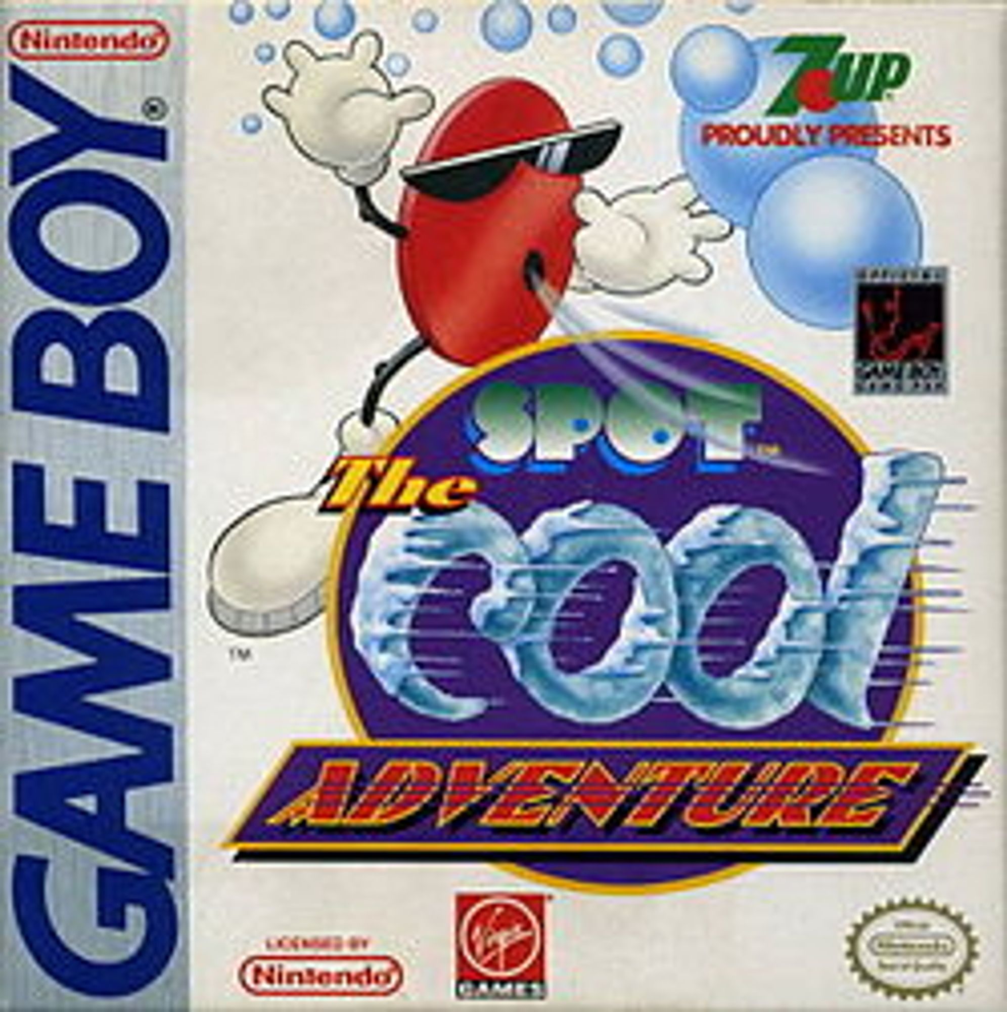 cover art for 'spot: the cool adventure' video game on nintendo gameboy

here we see spot, a red circle, standing slightly sideways so in fact presenting itself to us as more of an oval, indicating that it exists as a representation of the 2-dimensional shape, and not as a 3-dimensional sphere viewed in 2 dimensions. it's wearing the shades again, and white runners and inflated gloves.

spot is apparently blowing on the logo of the game, and the word 'cool' is encased in ice, presumably due to the refreshing blast of cold air that spot is emitting. above the spot float bubbles, we can assume eluding to the effervescent nature of the soft drink from which the mascot hails.