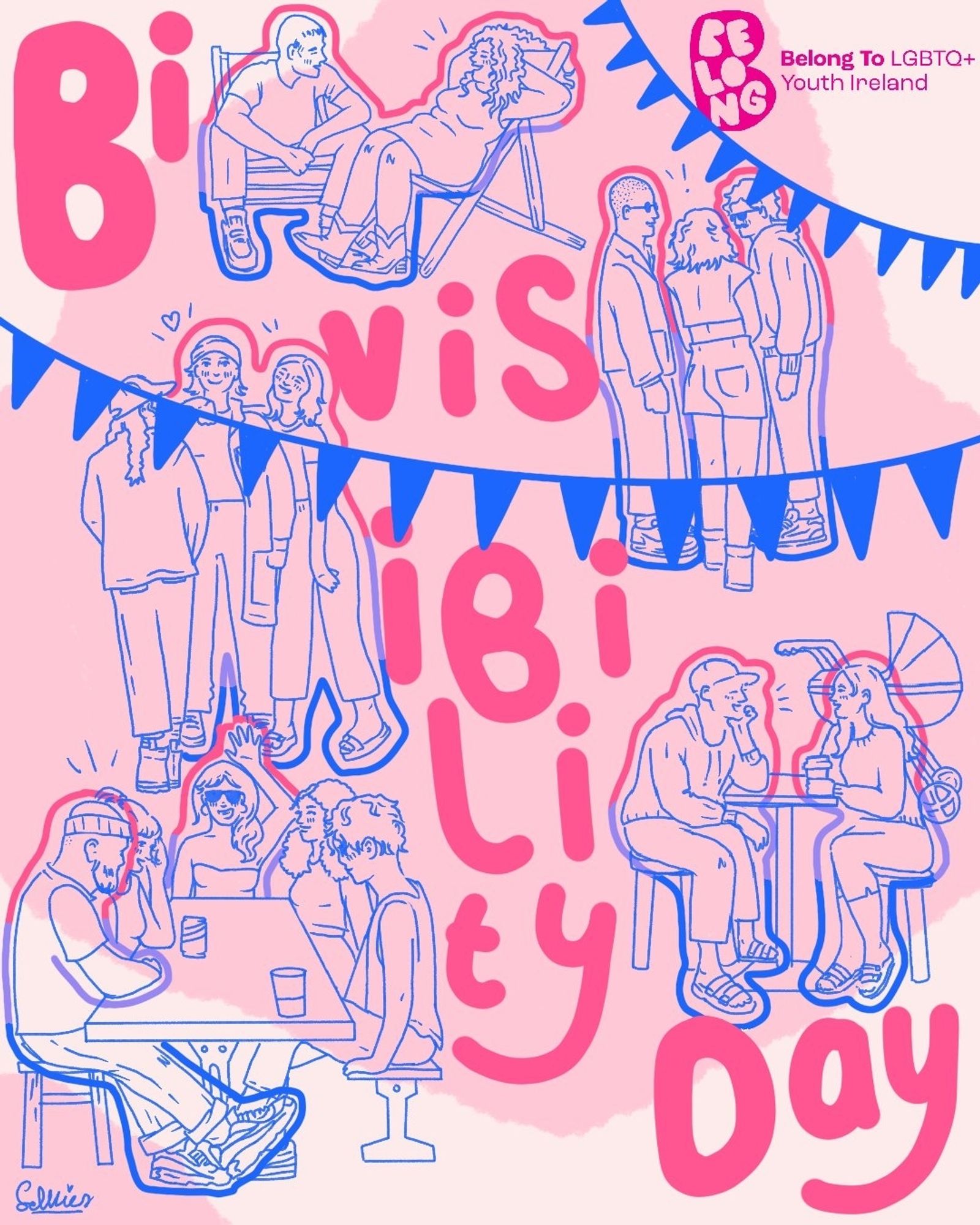 Illustration of loads of cool people havin fun at a party or something, in different groups and different people are curshin on each other. It's mostly pink with blue line drawin and there's blue bunting and it says bi visibility day