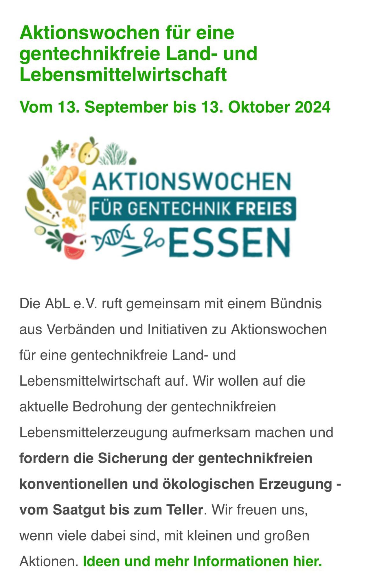 ☣️ Aktionswochen für eine gentechnikfreie Land- und Lebensmittelwirtschaft
➡️ Presse: https://www.abl-ev.de/apendix/news/details/wir-baeuerinnen-und-bauern-haben-baeuerliche-rechte-zu-verteidigen
📅 Vom 13 Sept bis 13 Okt 2024 finden deutschlandweit #Gentechnikfreiheit Aktionstage statt. #StopGMO #Germany
👉+infos: https://www.abl-ev.de/themen/gentechnikfrei/aktionswochen-gentechnikfrei-sept-2024

#️⃣GentechnikfreieErnte