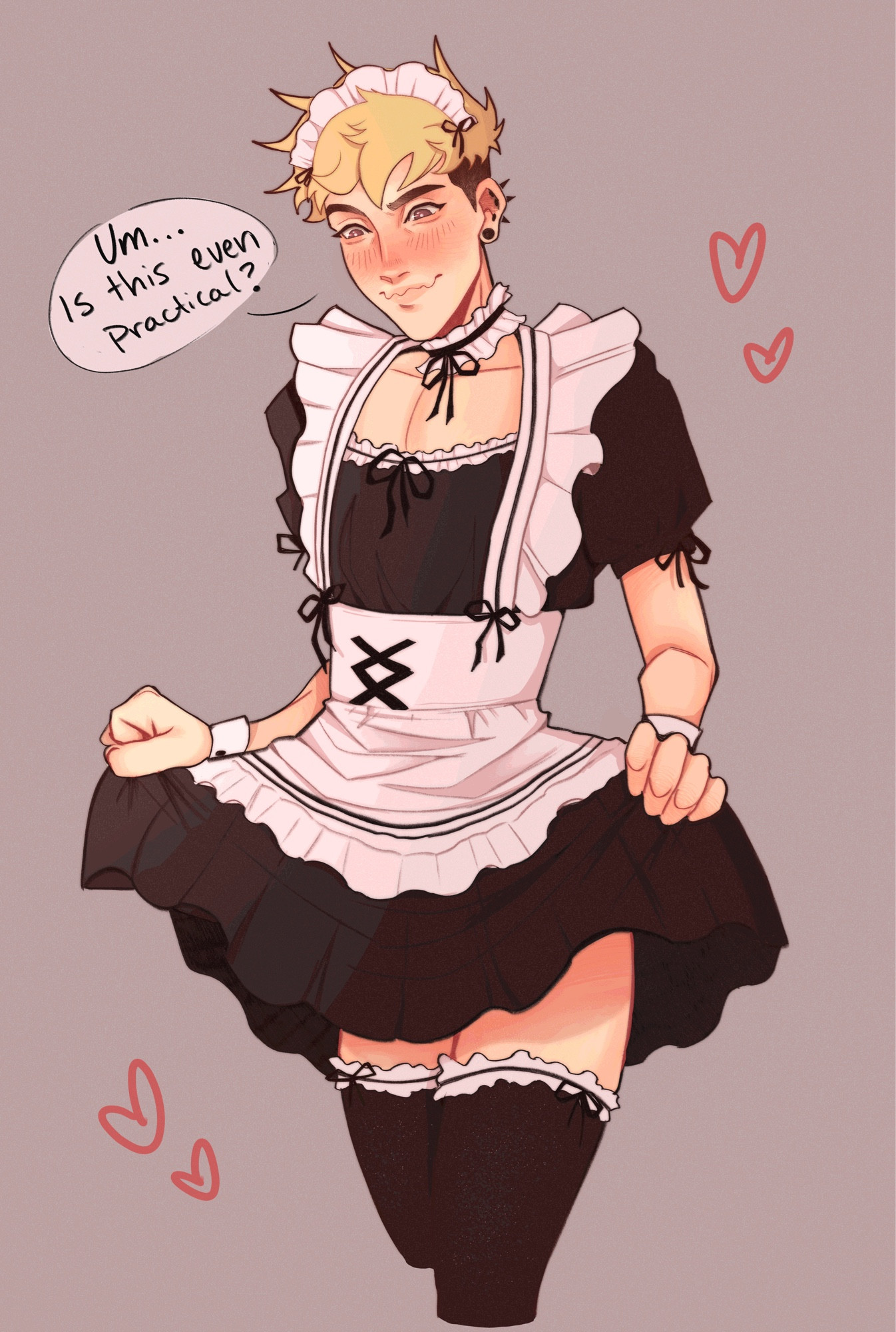 Blond character looking flustered in a maid costume, holding the dress slightly up and saying “um…is this even practical?”