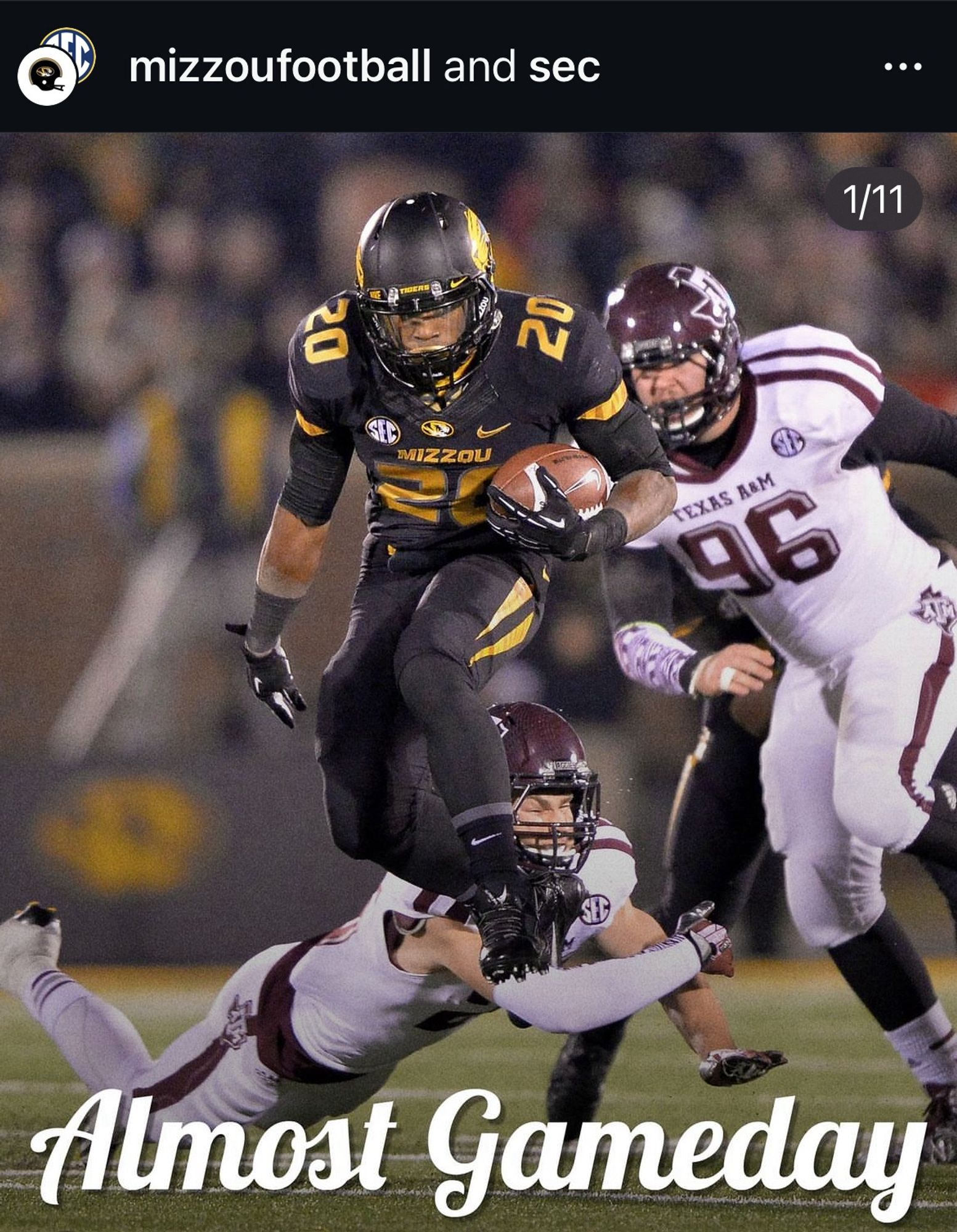 Screenshot of Mizzou instagram feed where they posted picture from a big touchdown run and I appeared in the background

The words “almost Gameday” are also on the picture