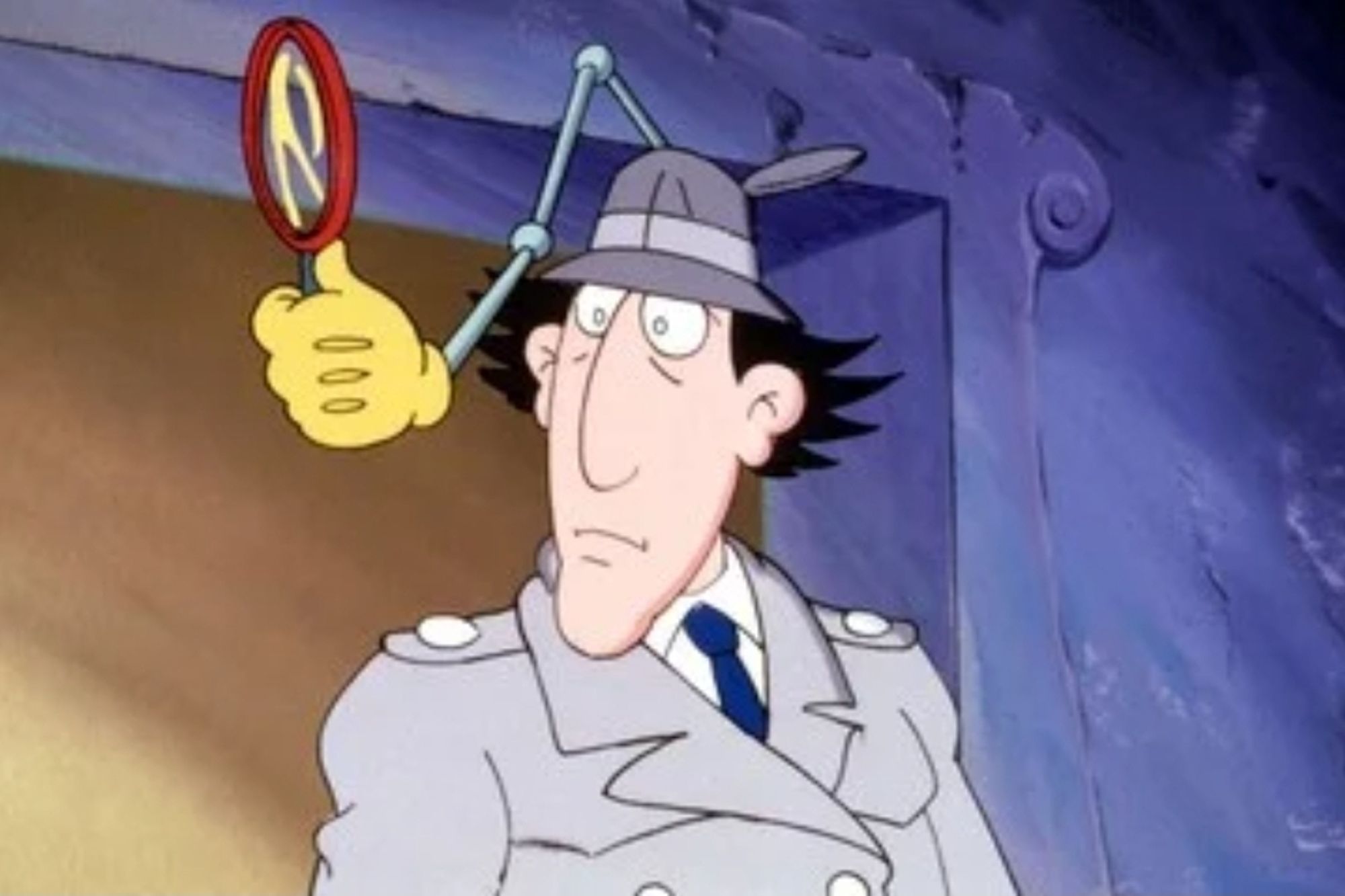 Cartoon Inspector Gadget im grauen Parker mit Hut aus dem eine Hand mit Lupe herauskommt 