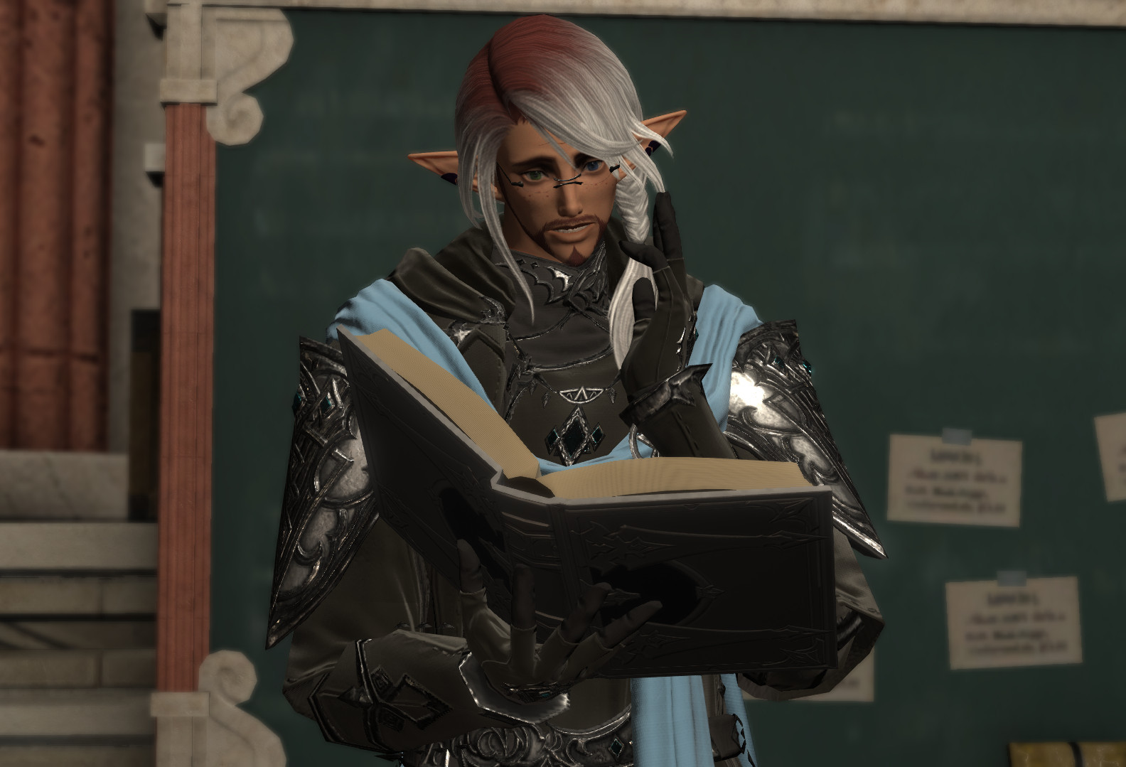 Picture of an elezen male with white and red hair reading a book and looking worried.