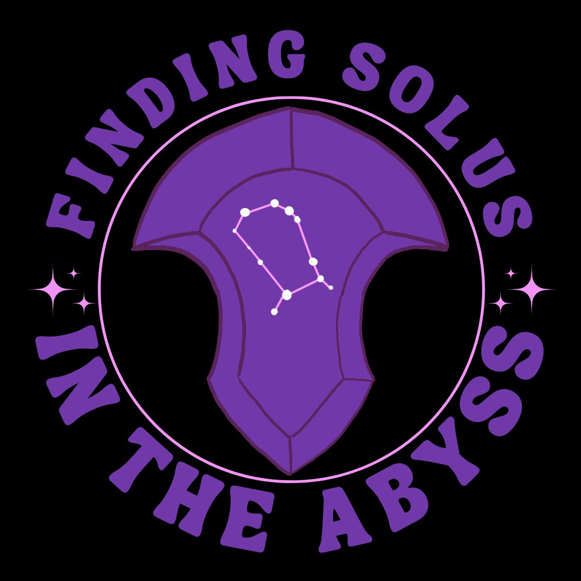 A mock up of a sticker with a convocation stone for Emet-Selch in the center, with the text, "Finding Solus in the abyss" around it.