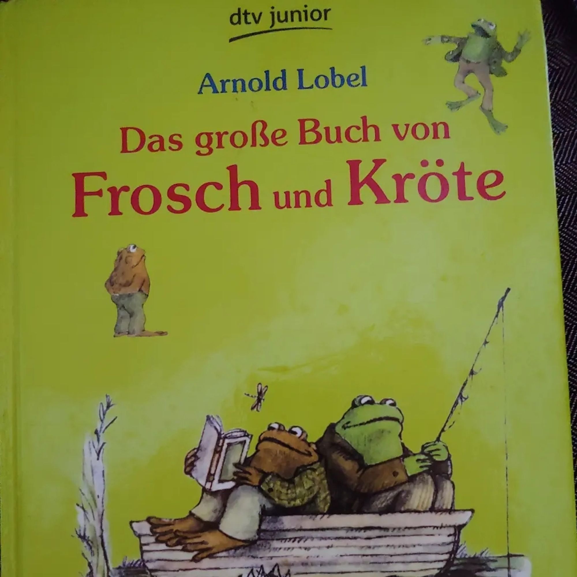 Ein grünes Buch. Unten ein Bild mit Frosch und Kröte in einem kleinen Boot. Frosch angelt, Kröte liest. Darüber steht: dtv junior (in schwarz). Darunter Arnold Lobel (in blau) und (in rot): Das große Buch von Frosch und Kröte. Unter dem Text schaut links Kröte hinauf. Rechts über dem Text steht Frosch