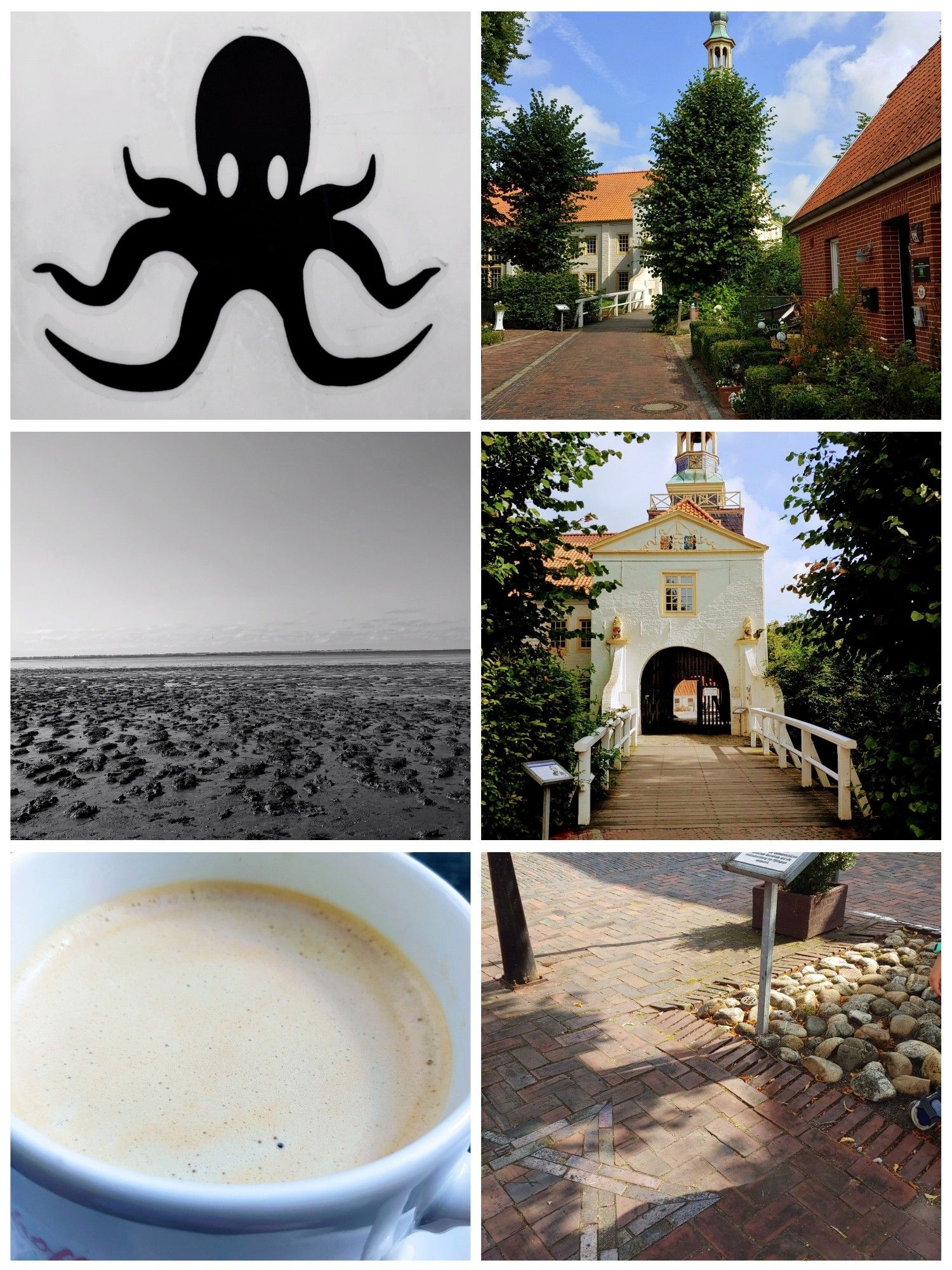 Eine Collage aus sechs Bildern in zwei Spalten, drei Reihen. Bilder aus Dornum und vom Strand.

Obere Reihe links: ein gemalter Oktopus auf einer  Fliese; oben rechts: Blick über eine gepflasterte Straße zum Wasserschloss in Dornum, davor Bäume, rechts Häuser mit Bepflanzung.
Mittlere Reihe links: Blick aufs Watt; rechts: Wasserschlosseingang hinter einer breiten Brücke.
Unten links: Tasse Kaffee; rechts Davidsstern im Boden (Gedenkstätte an die Vernichtung und Verbrennung jüdischen Eigentums in der Nacht vom 9. auf den 10. November)