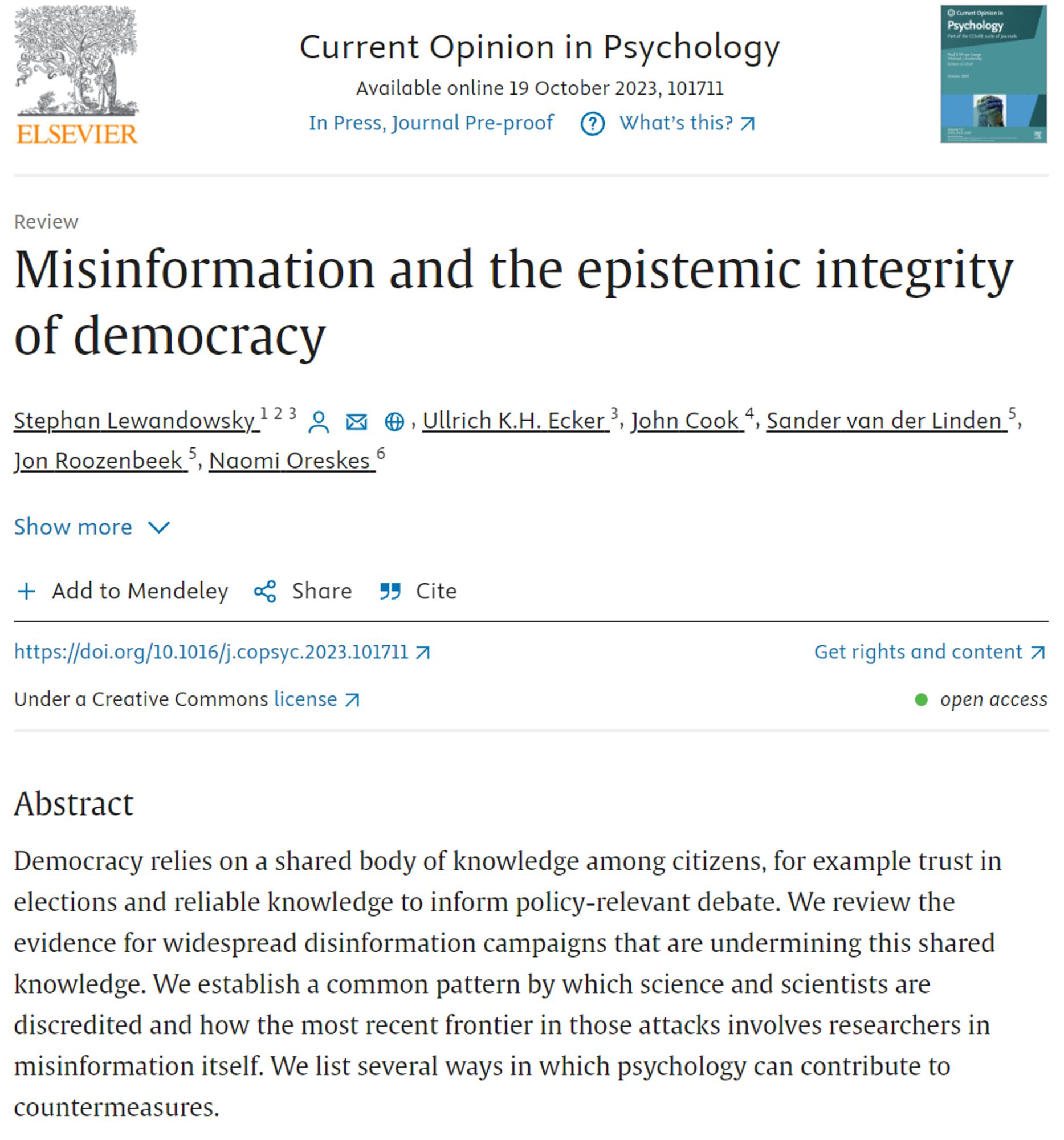 Screenshot of title, authors, and abstract of the review article: Lewandowsky, S., Ecker, U. K., Cook, J., van der Linden, S., Roozenbeek, J., & Oreskes, N. (2023). Misinformation and the epistemic integrity of democracy. Current Opinion in Psychology. https://doi.org/10.1016/j.copsyc.2023.101711