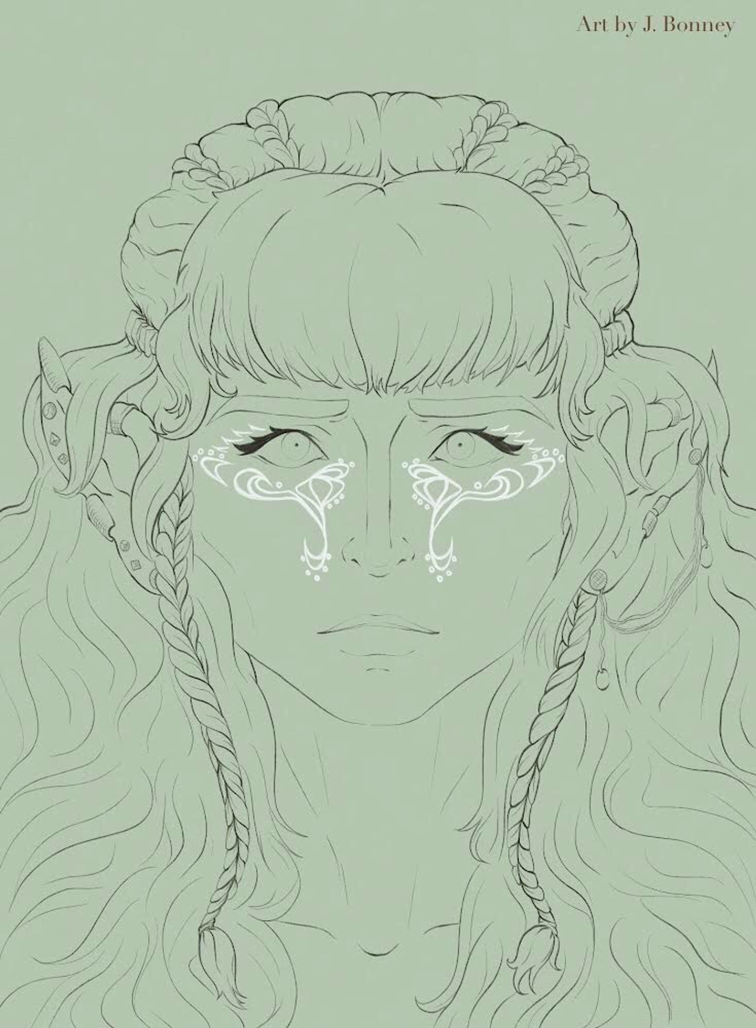 Line art of an woman with elven ears, long hair, and face tattoos